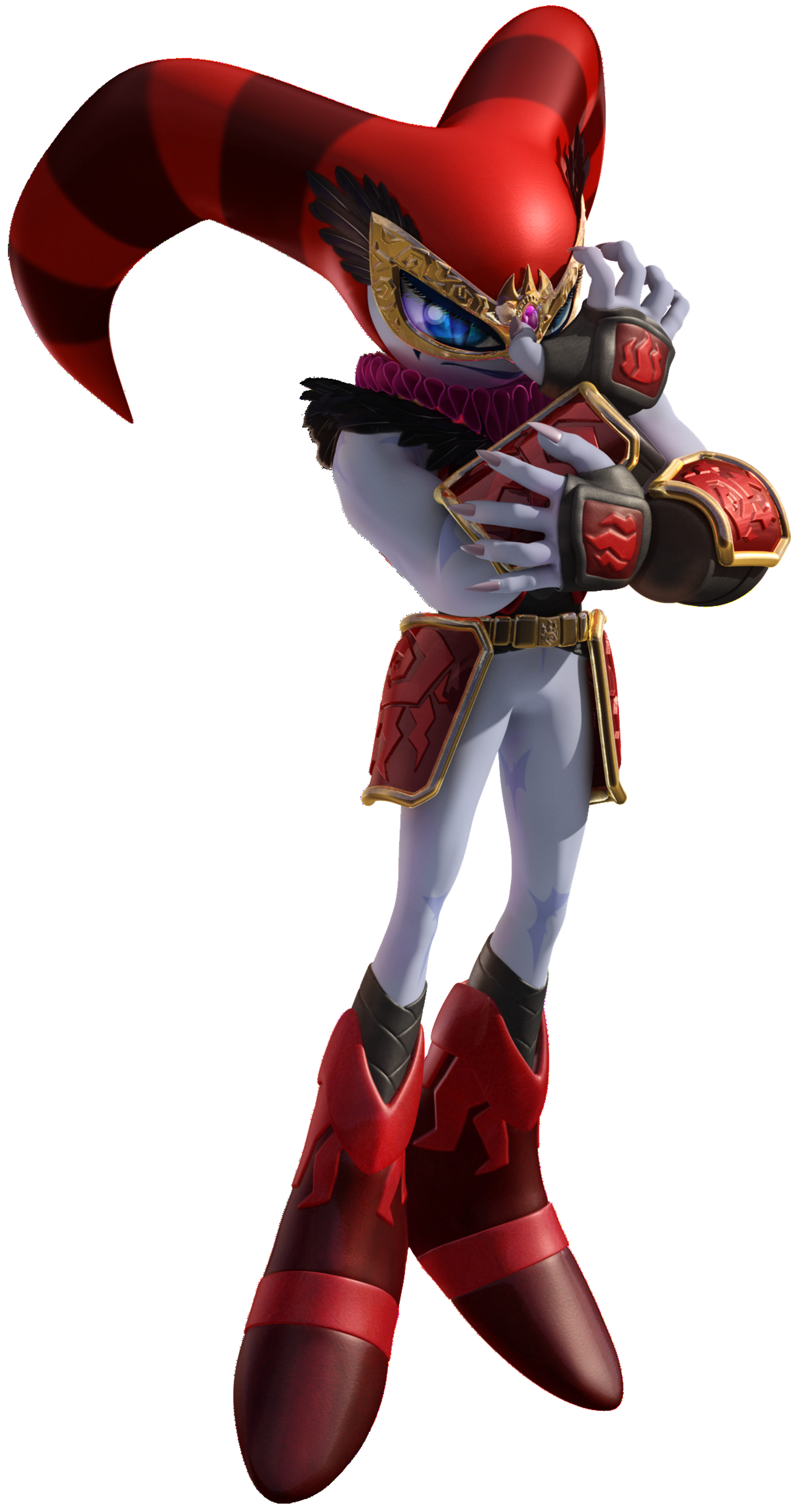 A detailed image of a red and black humanoid character wearing a golden Persona mask with black feathers, in a dynamic, action-oriented pose.