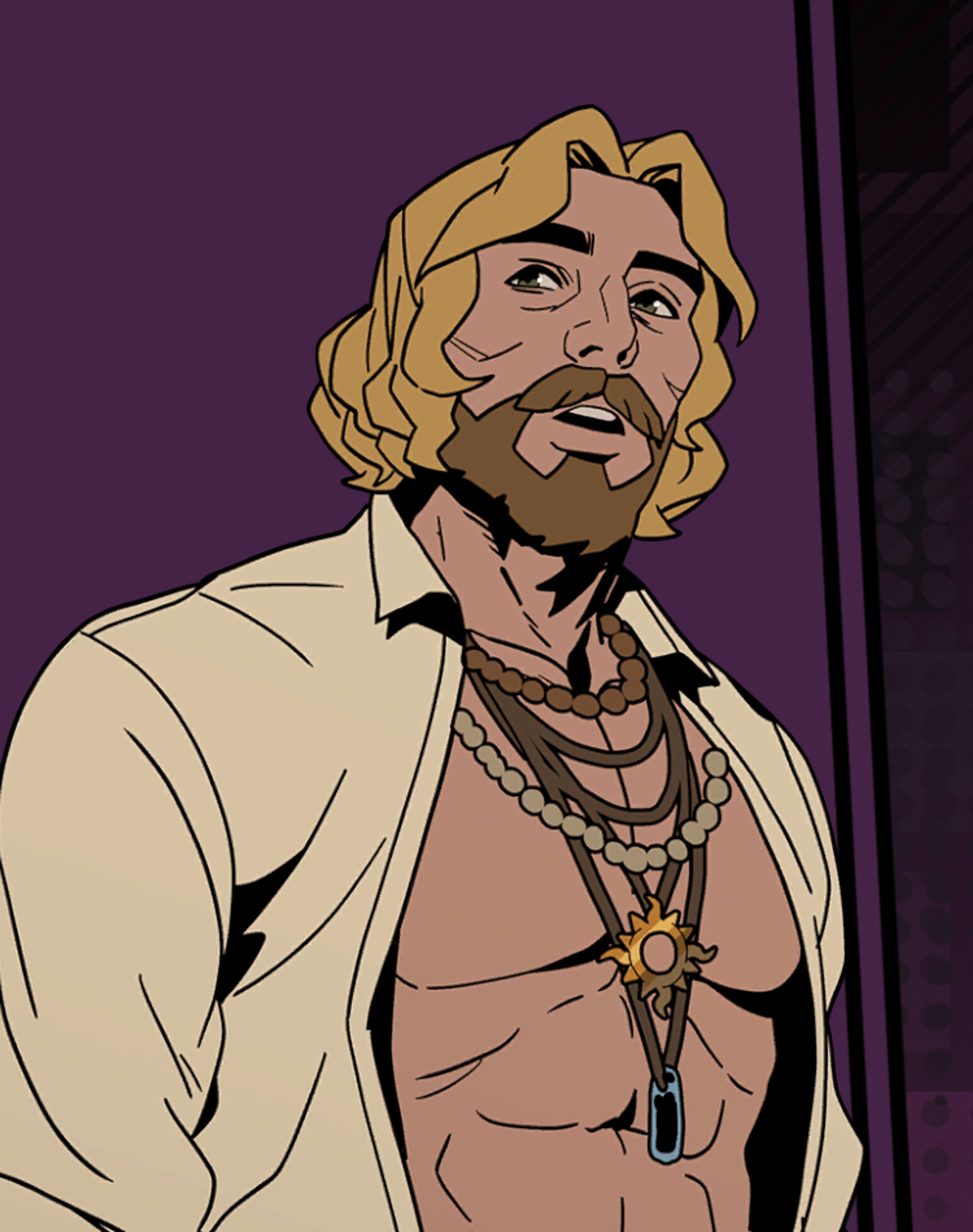 A man with long blonde hair and a beard wearing a partially unbuttoned white shirt