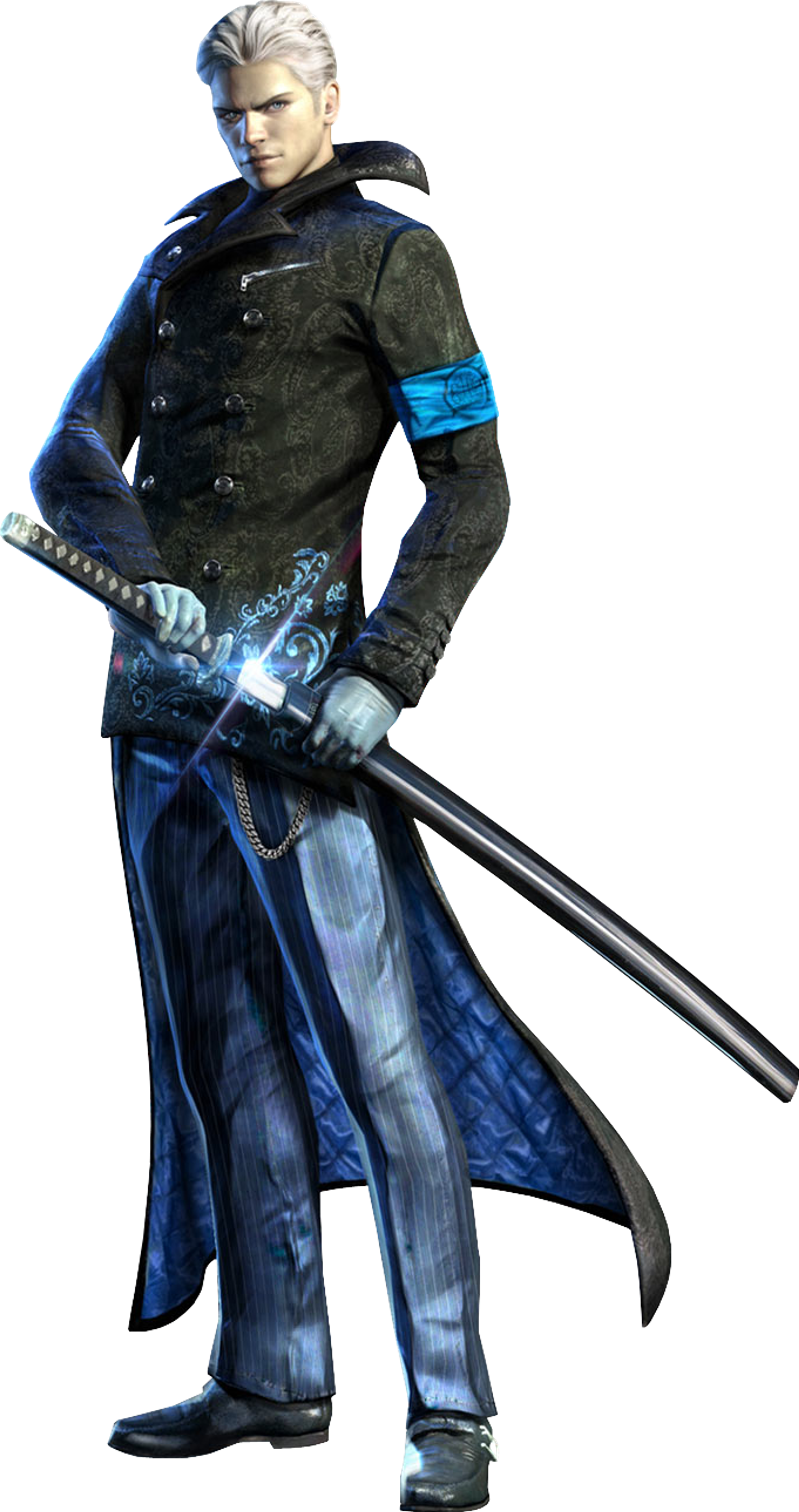 A well-dressed young man with white hair holding a katana sword