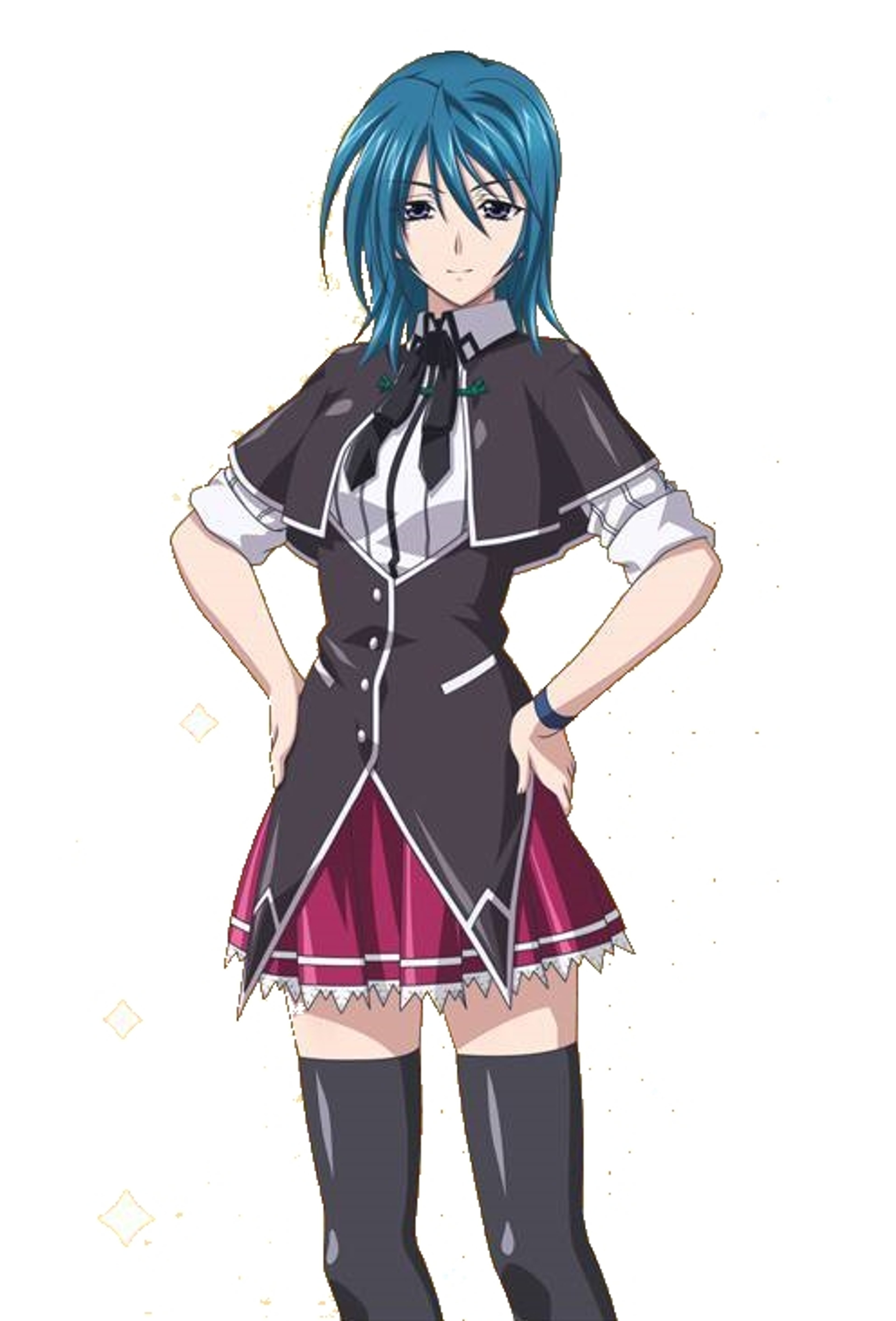 A young woman with blue hair and eyes wearing a black uniform with a red skirt, standing with her hands on her hips.