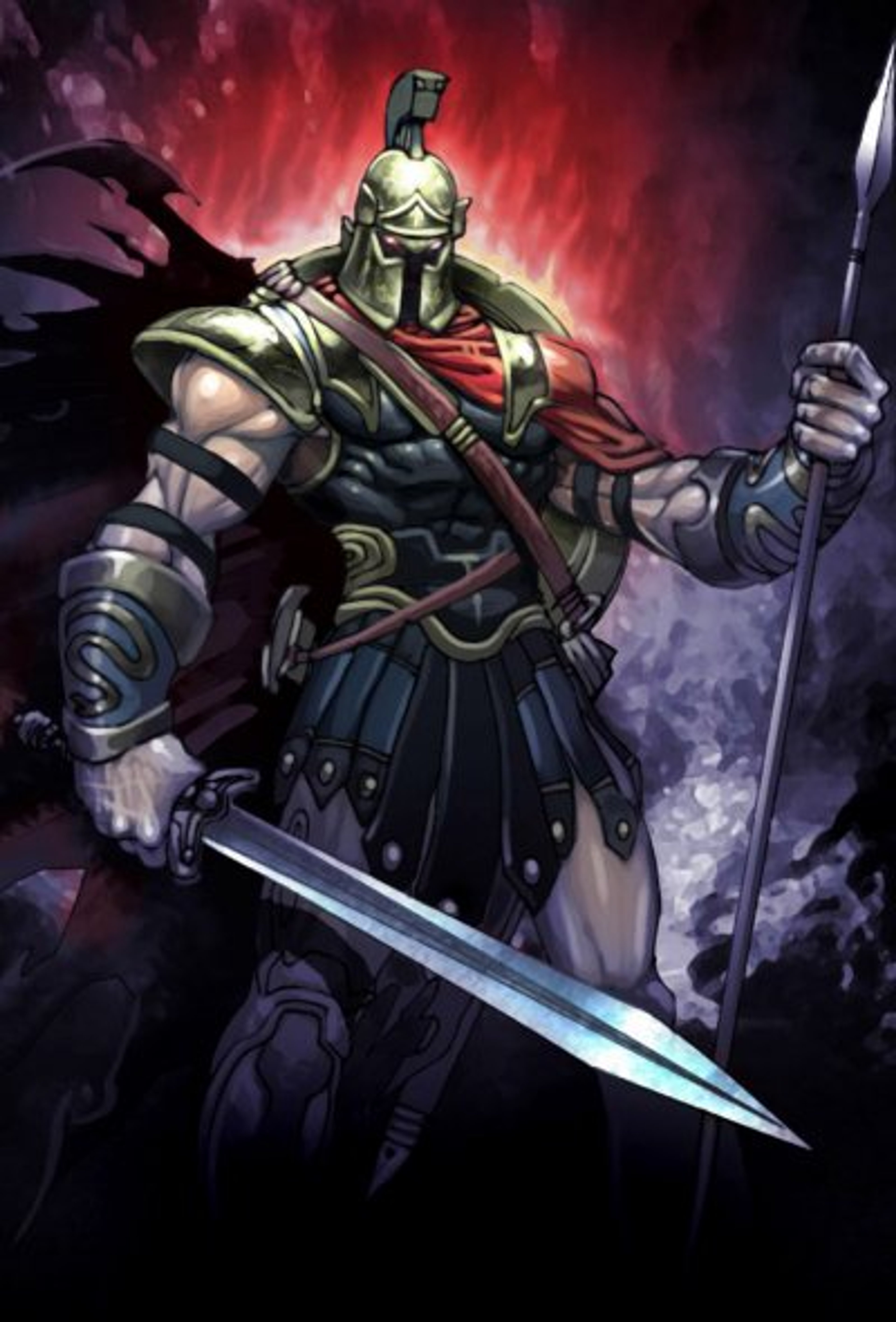 A powerful, armored Greek warrior figure wielding a sword against a dramatic, fiery backdrop.