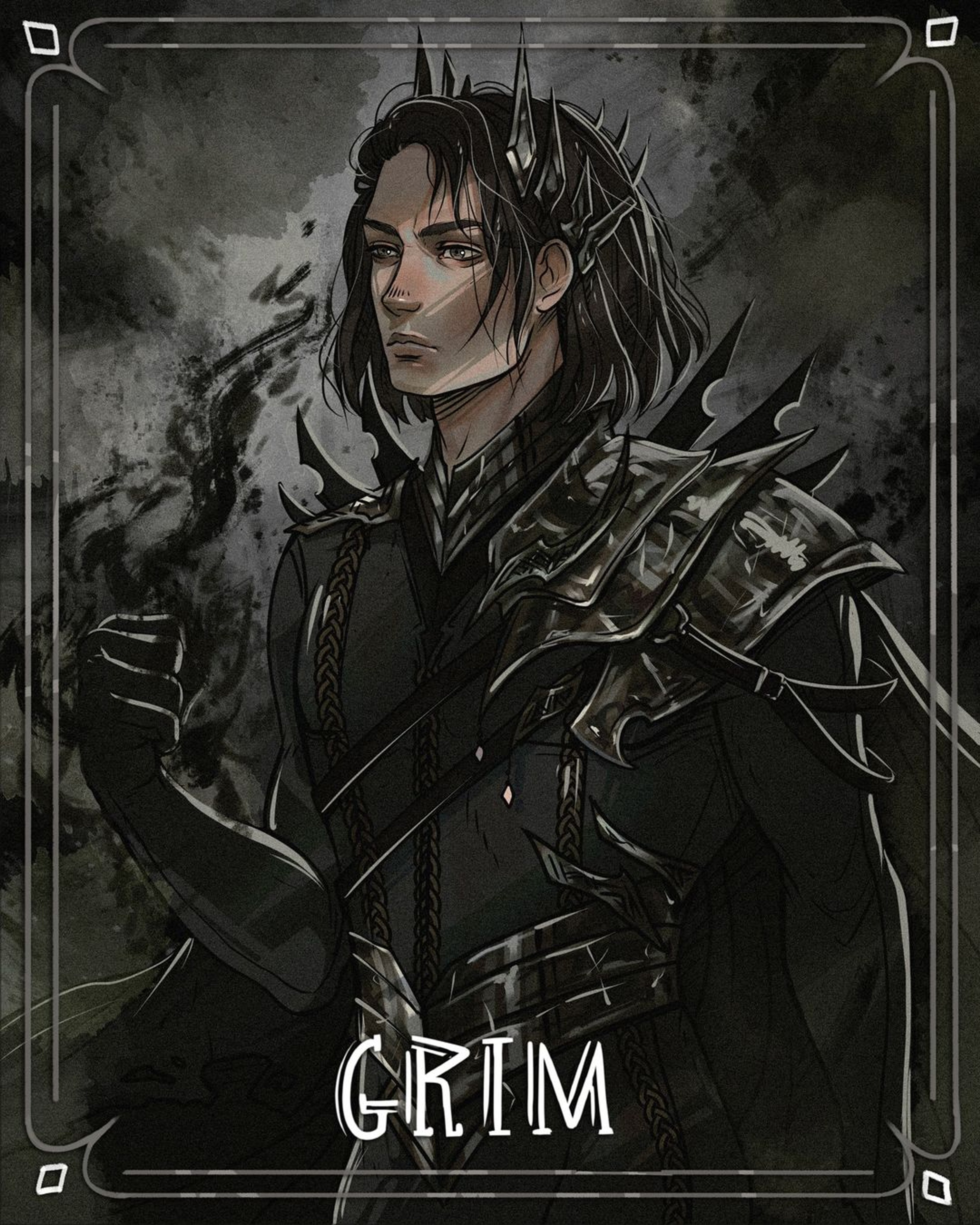 A dark, powerful warrior character with pale skin and black eyes, wearing ornate armor