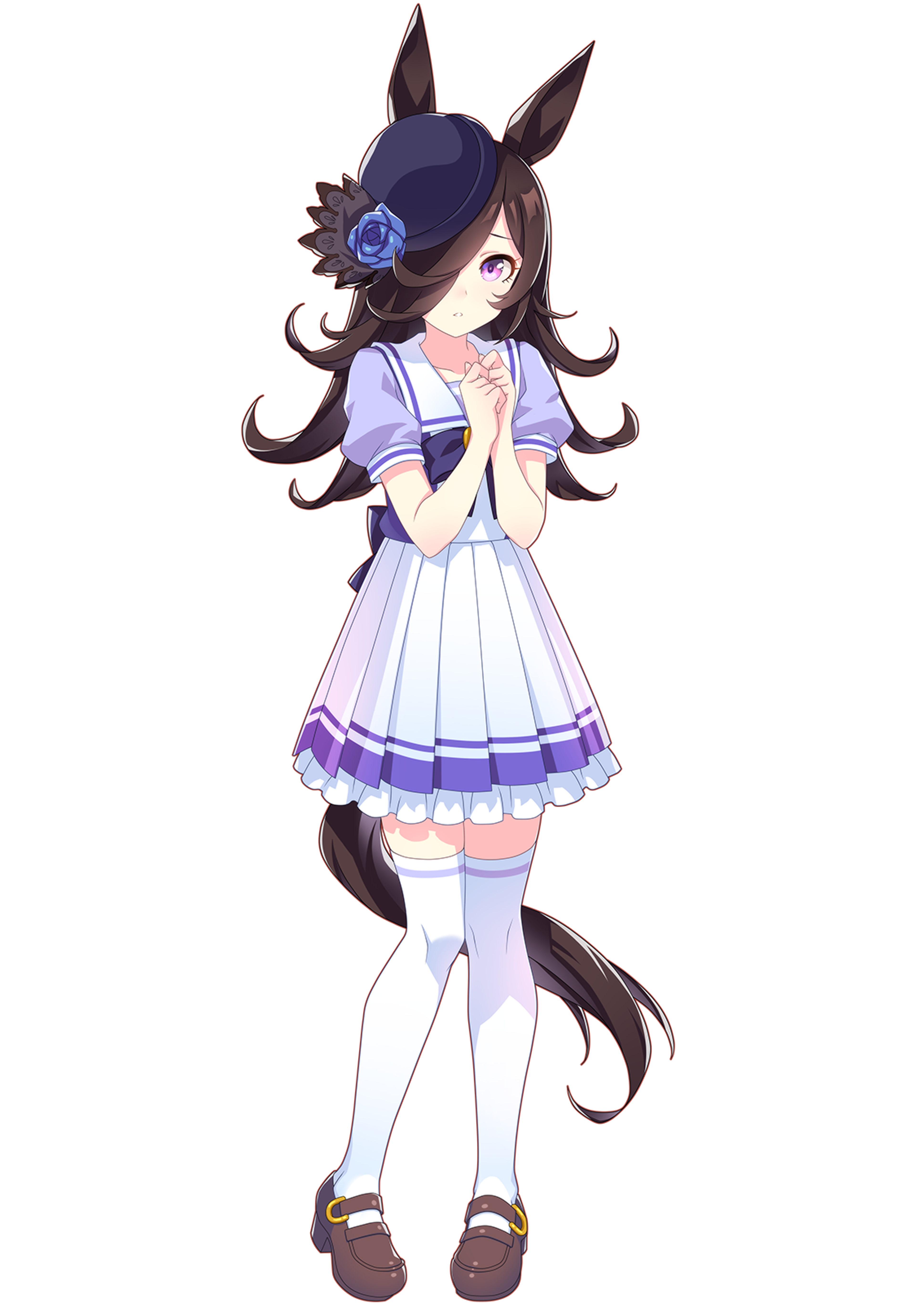 A young woman with long black hair, purple eyes, and a blue hat with a rose, wearing a blue dress with a black fur collar and brown stockings.