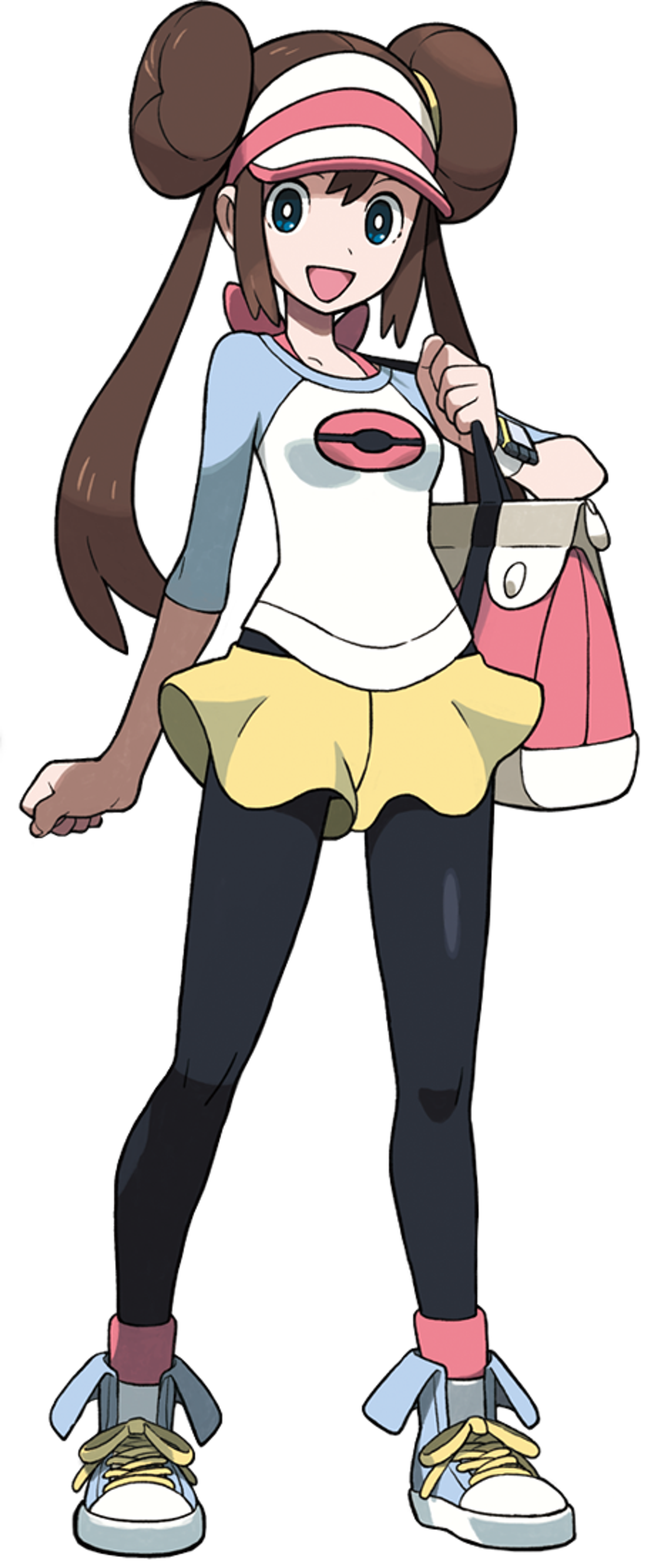 A young woman with long dark brown hair in buns, wearing a pink and white visor, salmon pink tank top, white raglan top, yellow shorts, black leggings, and blue and white shoes, carrying a large pink and white handbag.