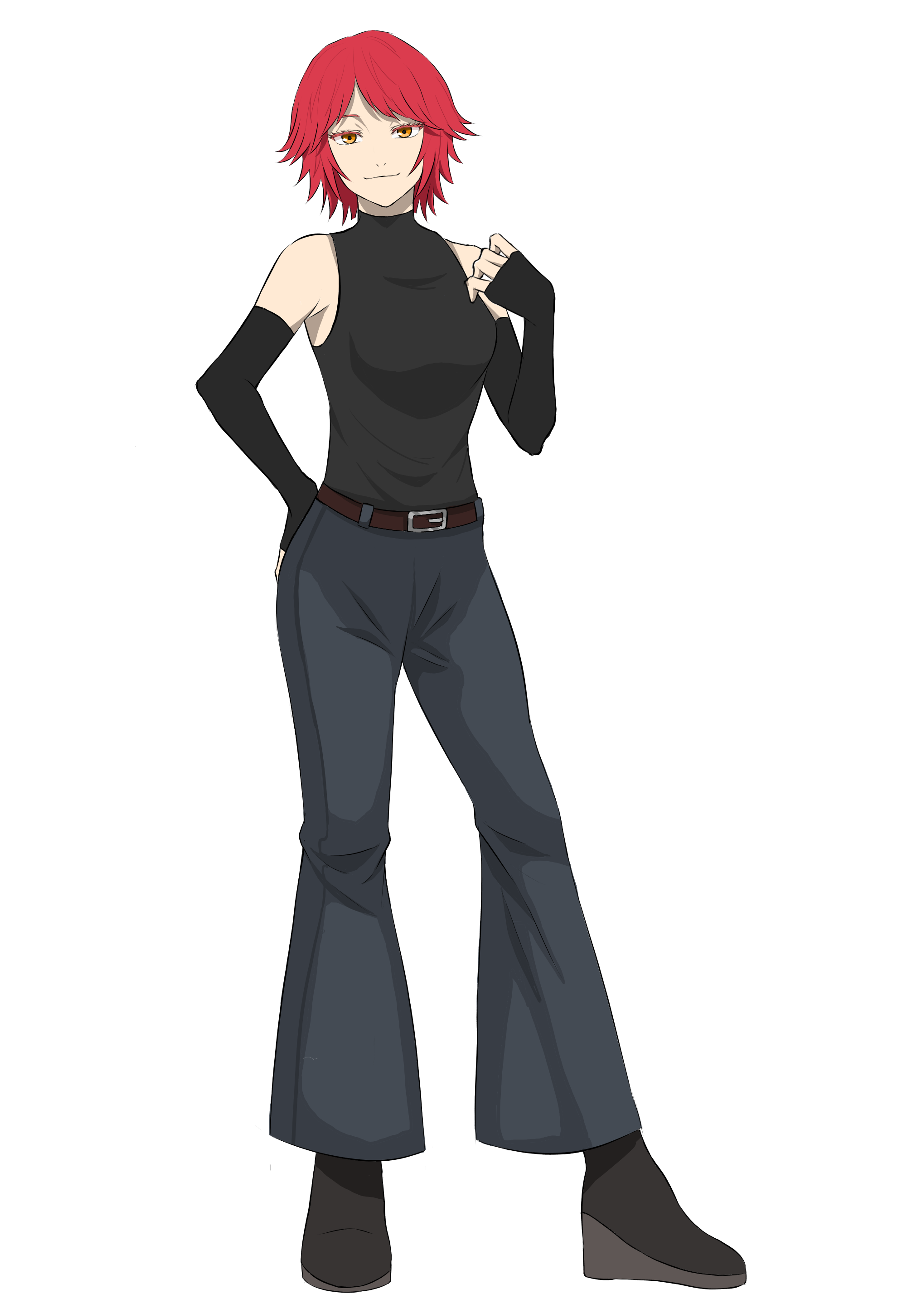 A young woman with red hair and amber eyes wearing a black top and gray pants, with a vertical eye-shaped mark on her forehead.