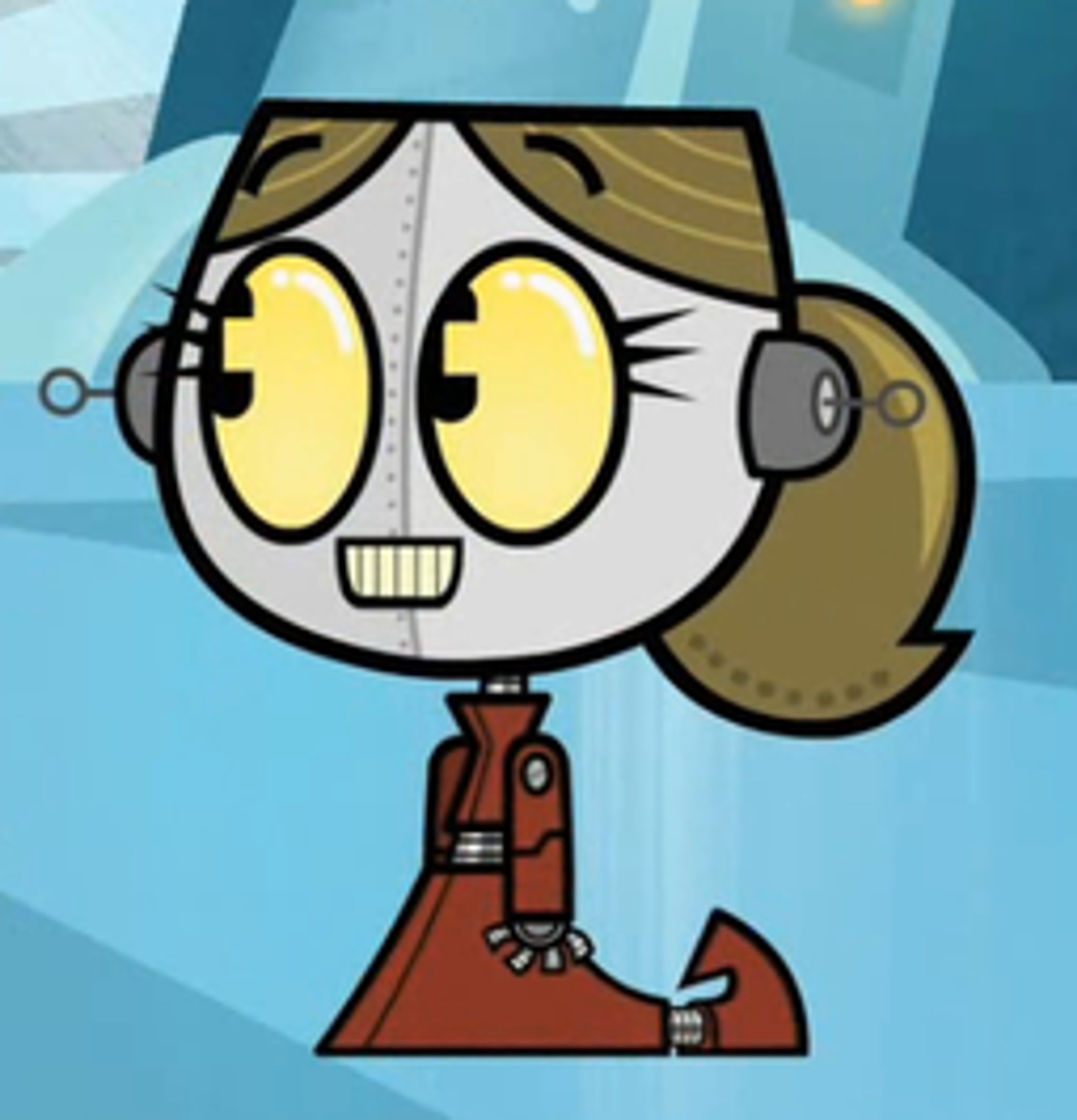 A cartoon robot character with large yellow eyes and metallic ear caps