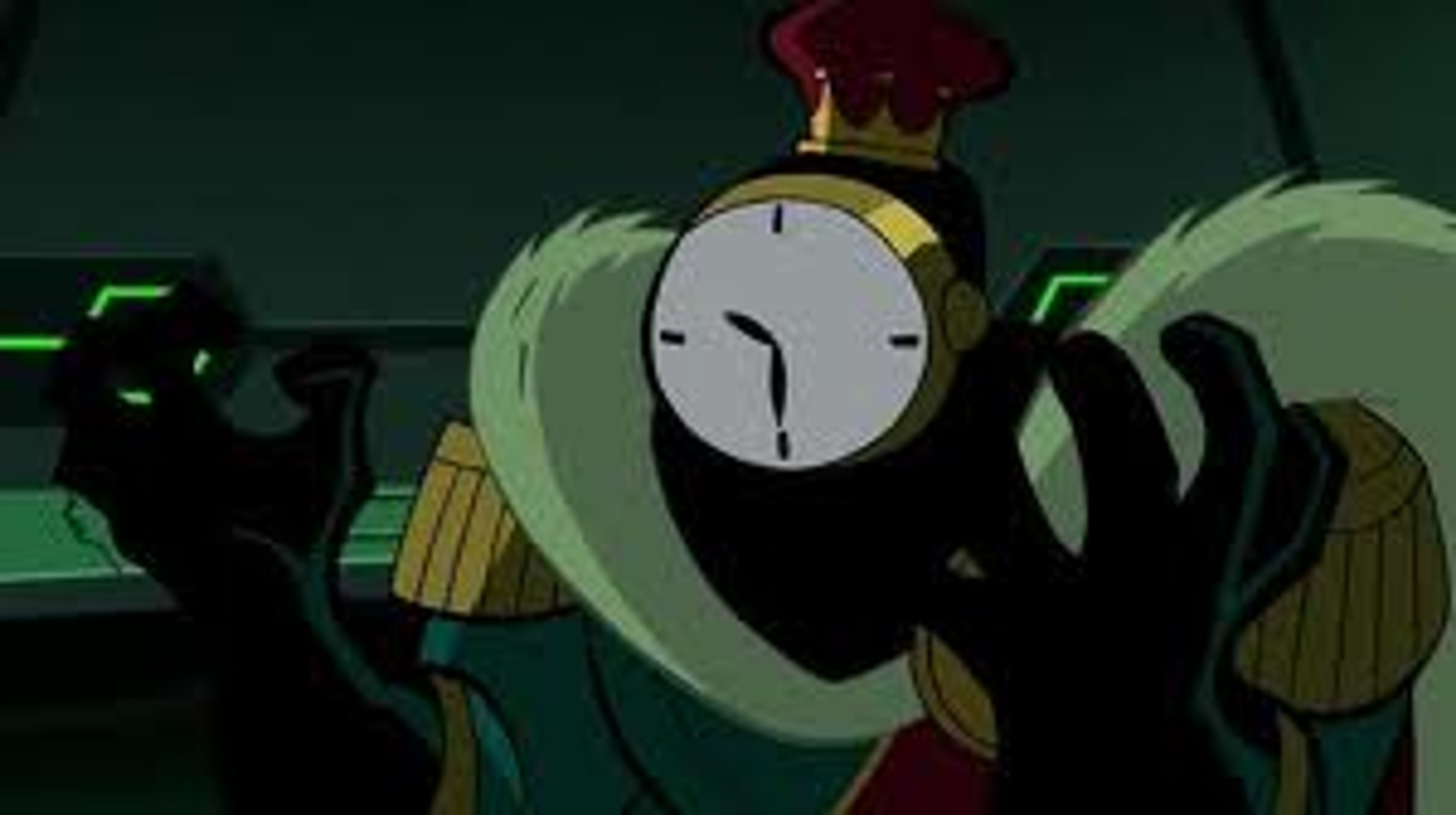 A cartoon character wearing a clock-themed suit and accessories, standing in a dark, industrial setting.