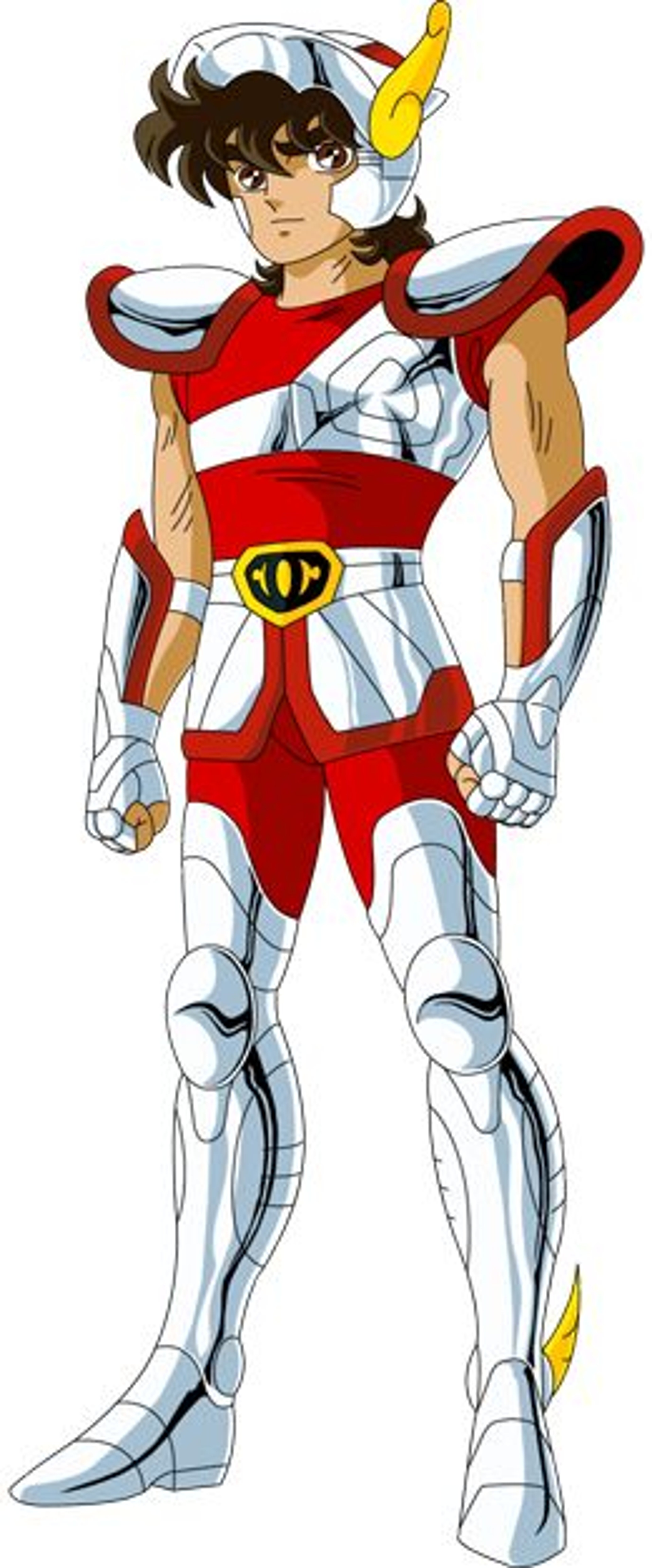 A young male warrior in red and white armored suit, with spiky brown hair and a determined expression.