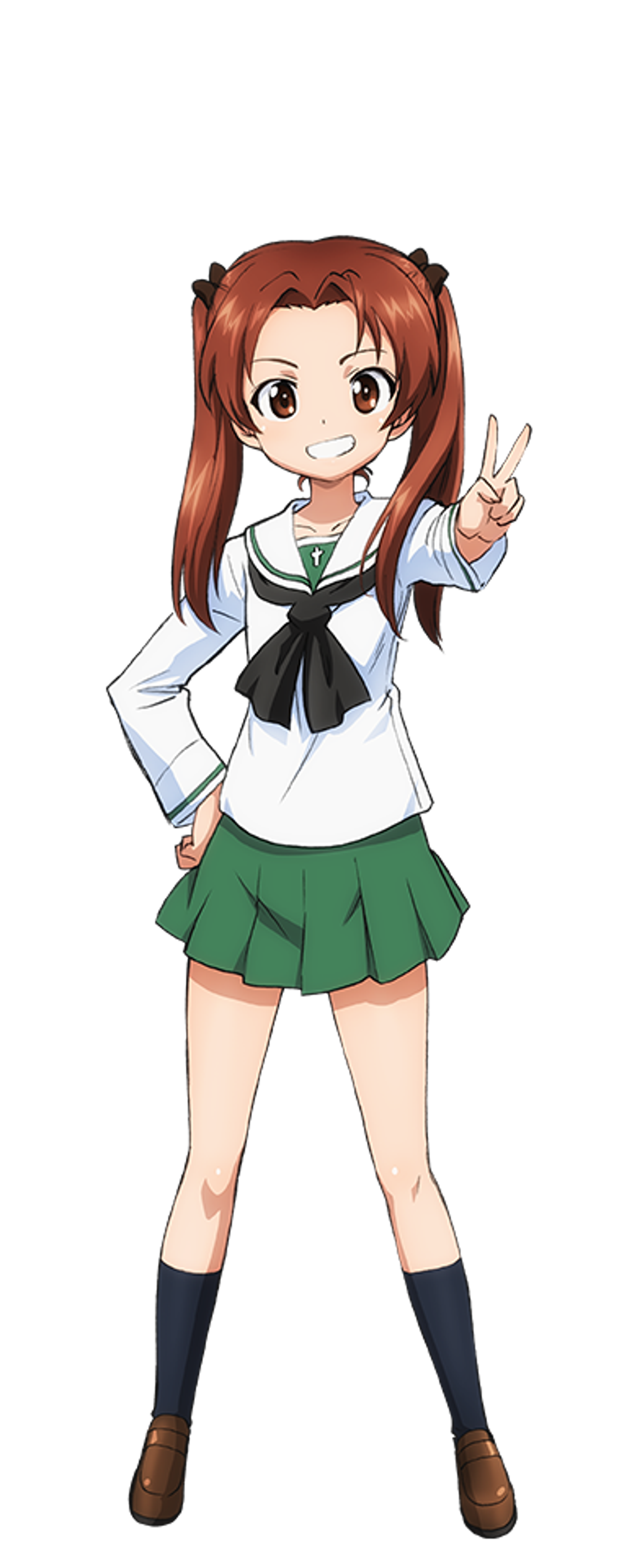 An anime-style character with light brown hair in twin ponytails, wearing a green school uniform, making a peace sign gesture.