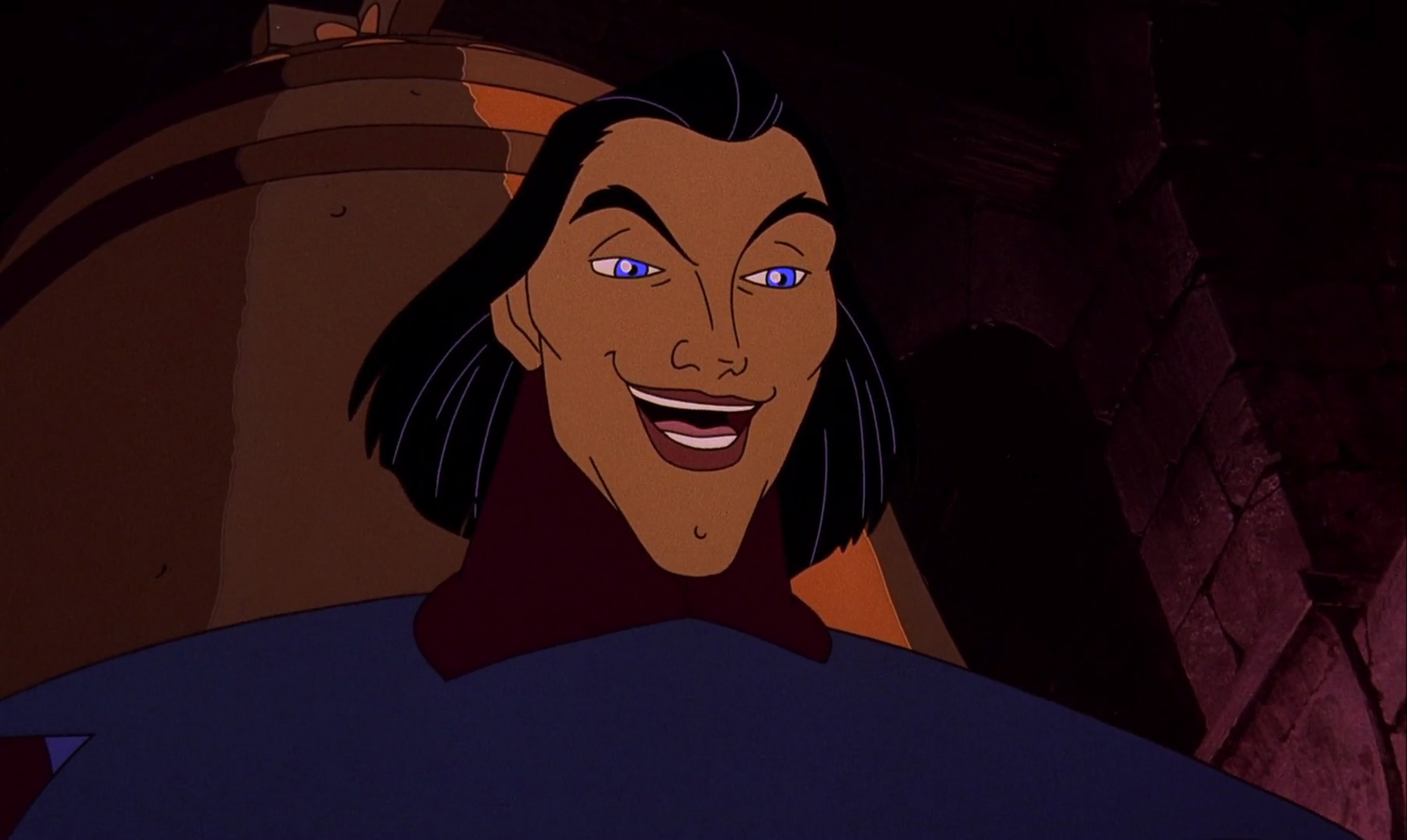An animated character with dark hair and a mischievous expression