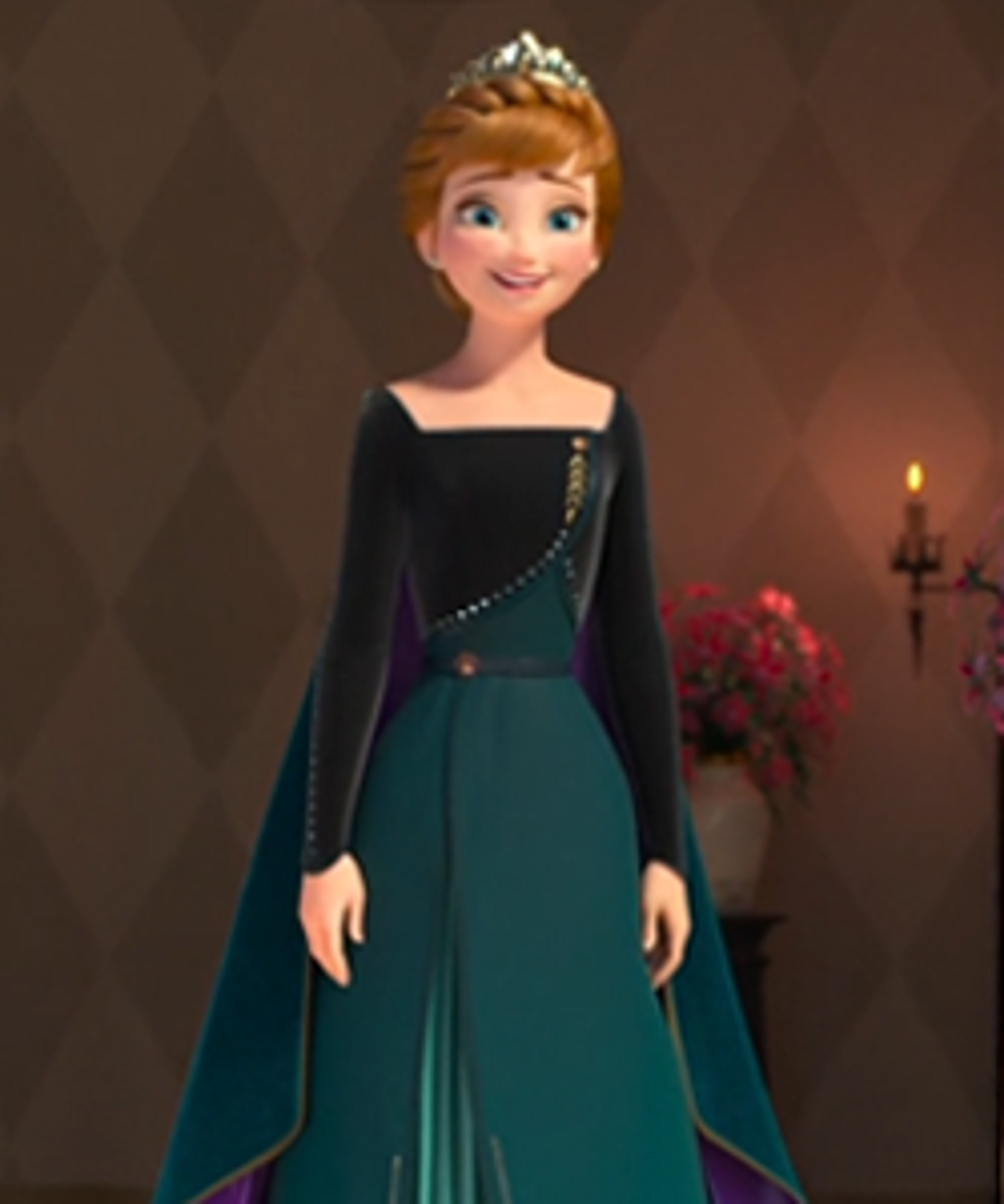 A young woman with strawberry blonde hair in braids, wearing a green dress with a black bodice, standing in a castle-like setting.