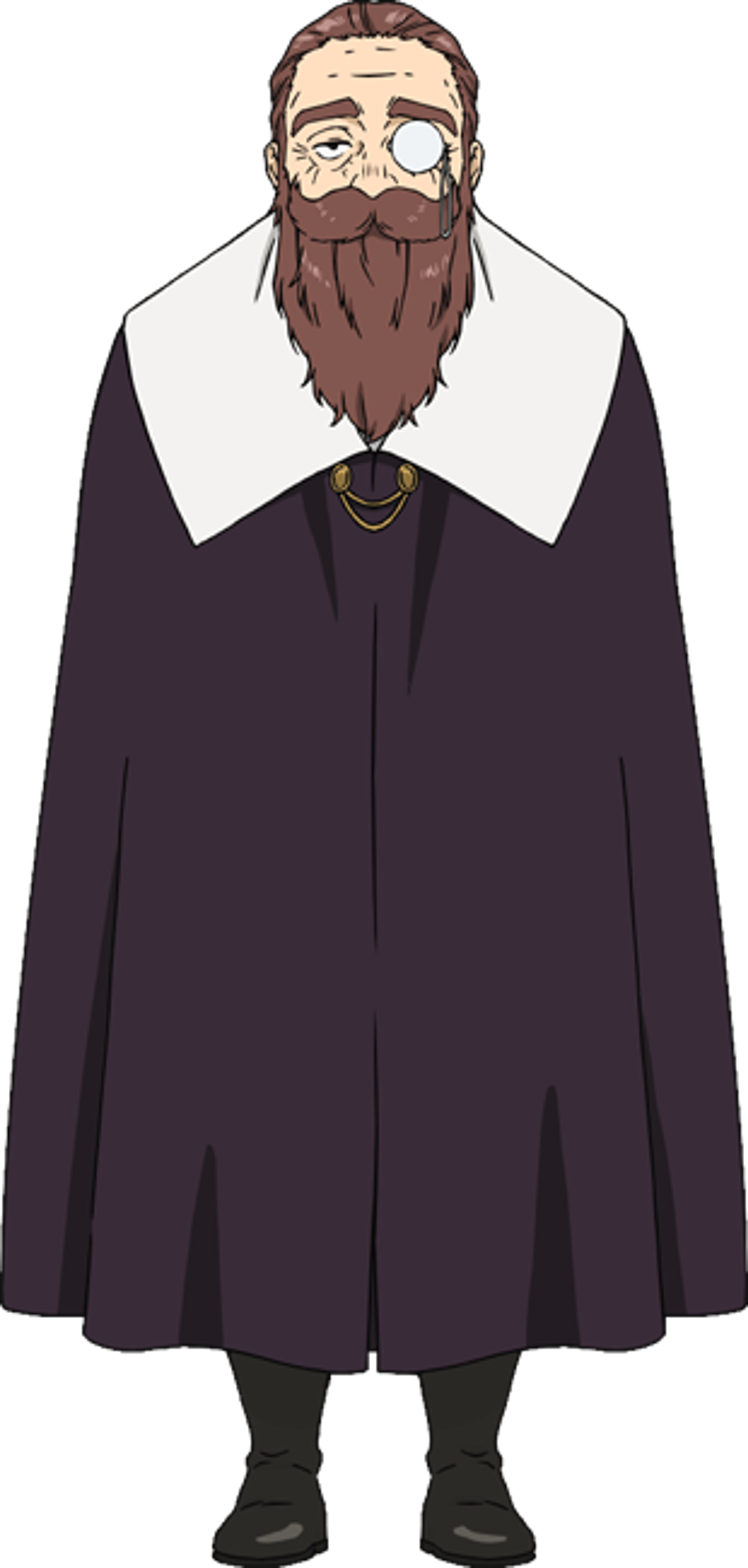 A middle-aged man with a long beard and monocle wearing a dark purple cloak