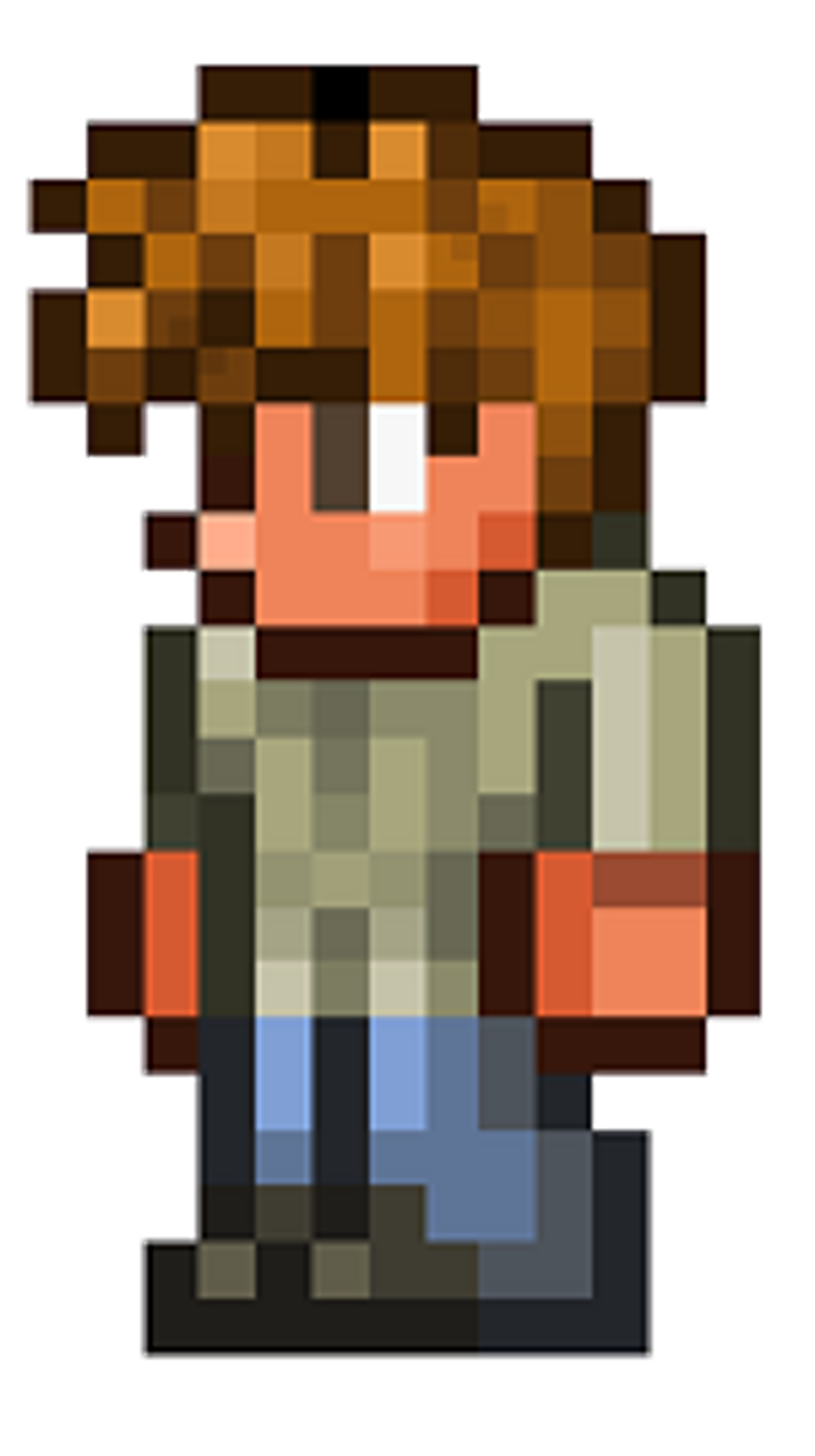 A pixelated character with tanned skin, short brown hair, and brown eyes, wearing a light green tunic, blue pants, and brown shoes.