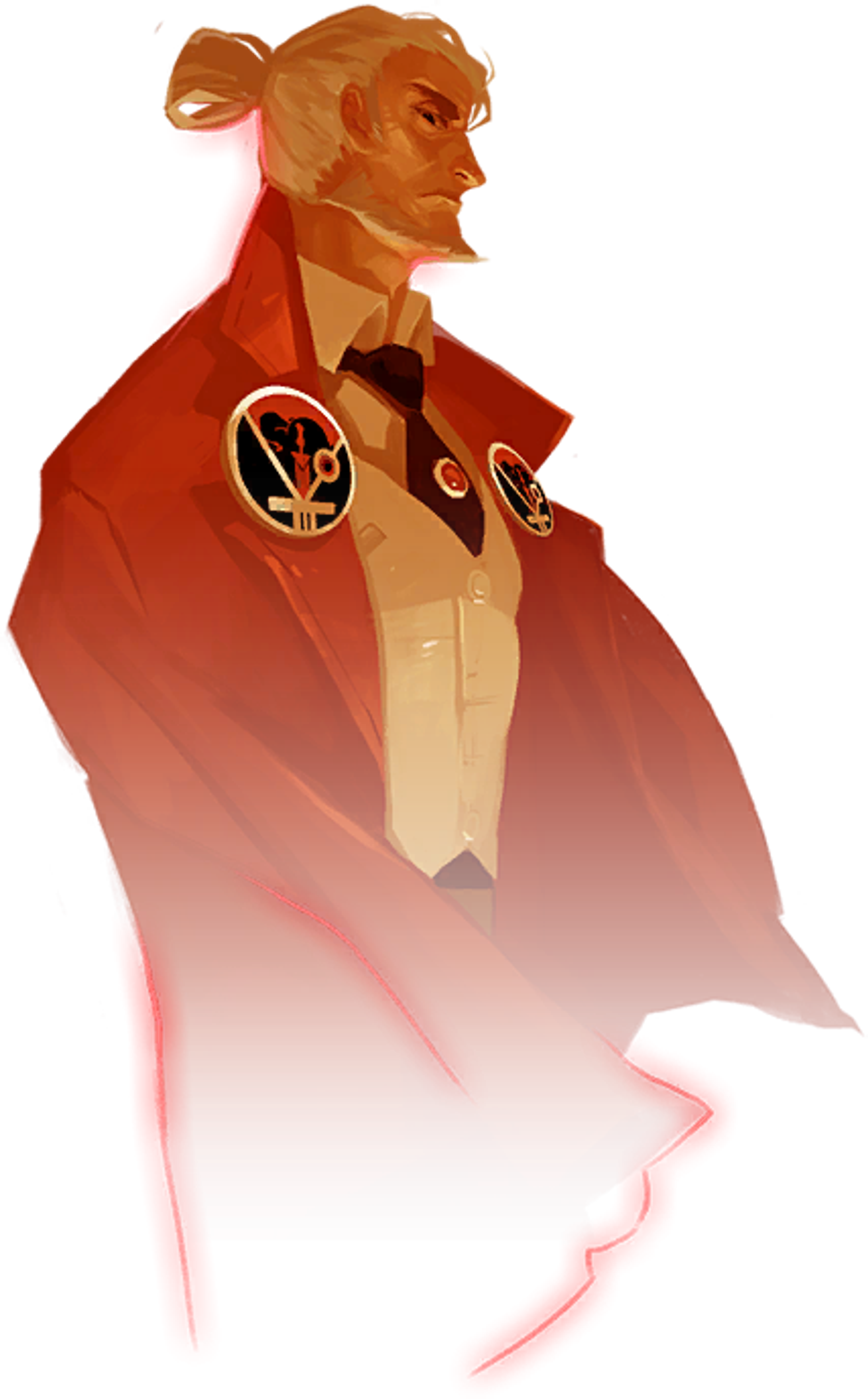 A serious-looking man in a red cloak with an emblem