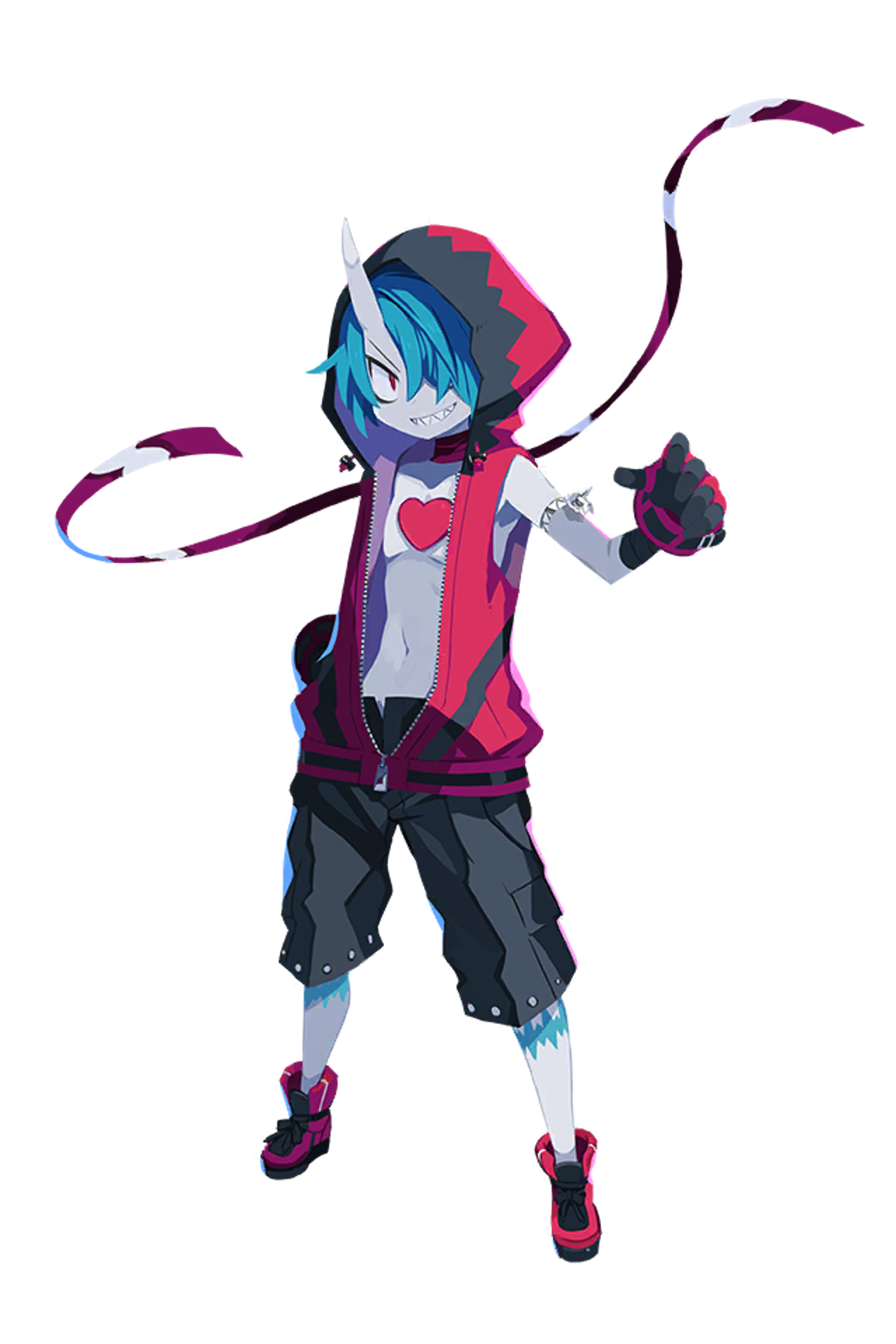 An anime-style zombie warrior character with blue hair, mismatched horns, and a red hoodie.