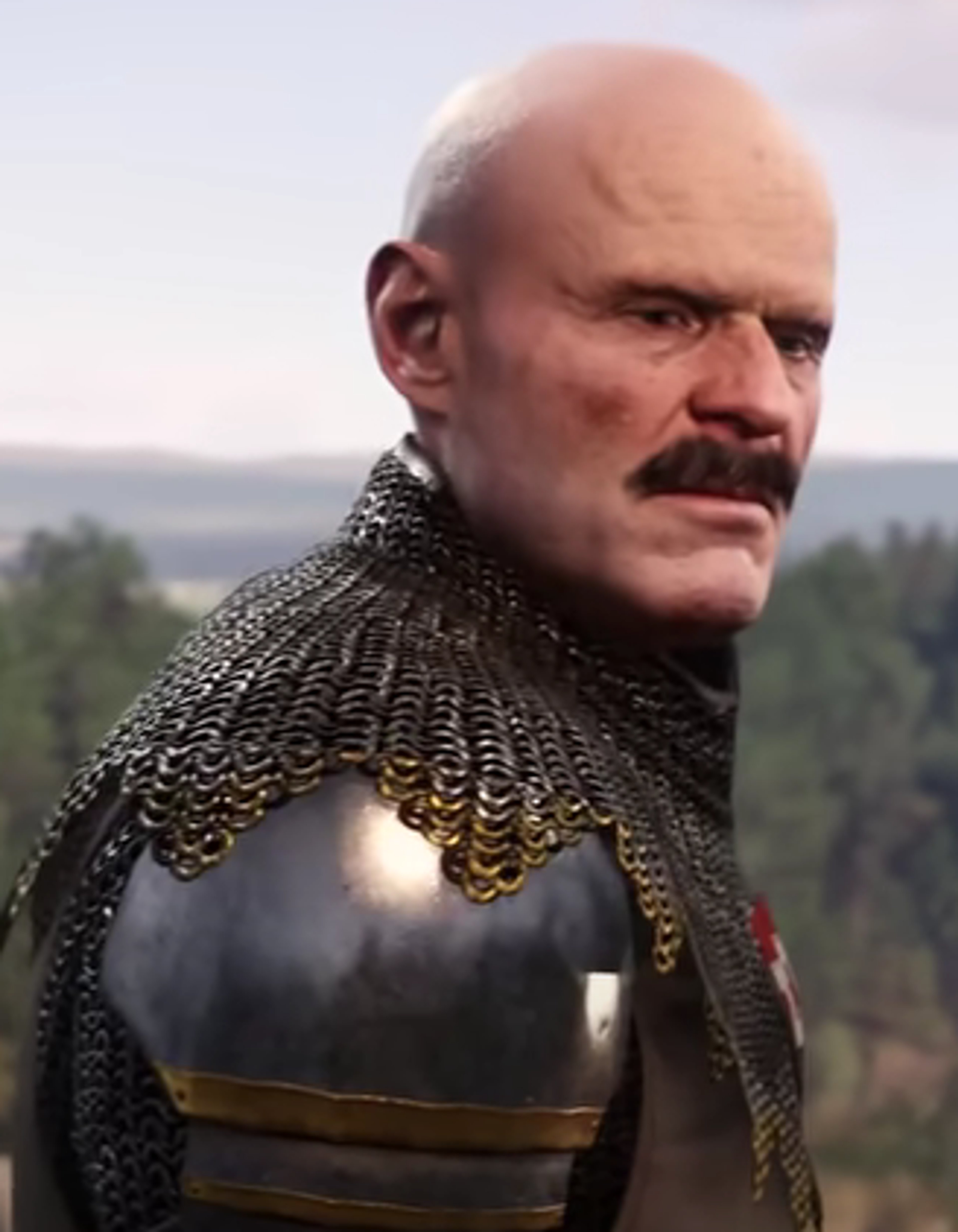 A stern-looking older man in medieval armor