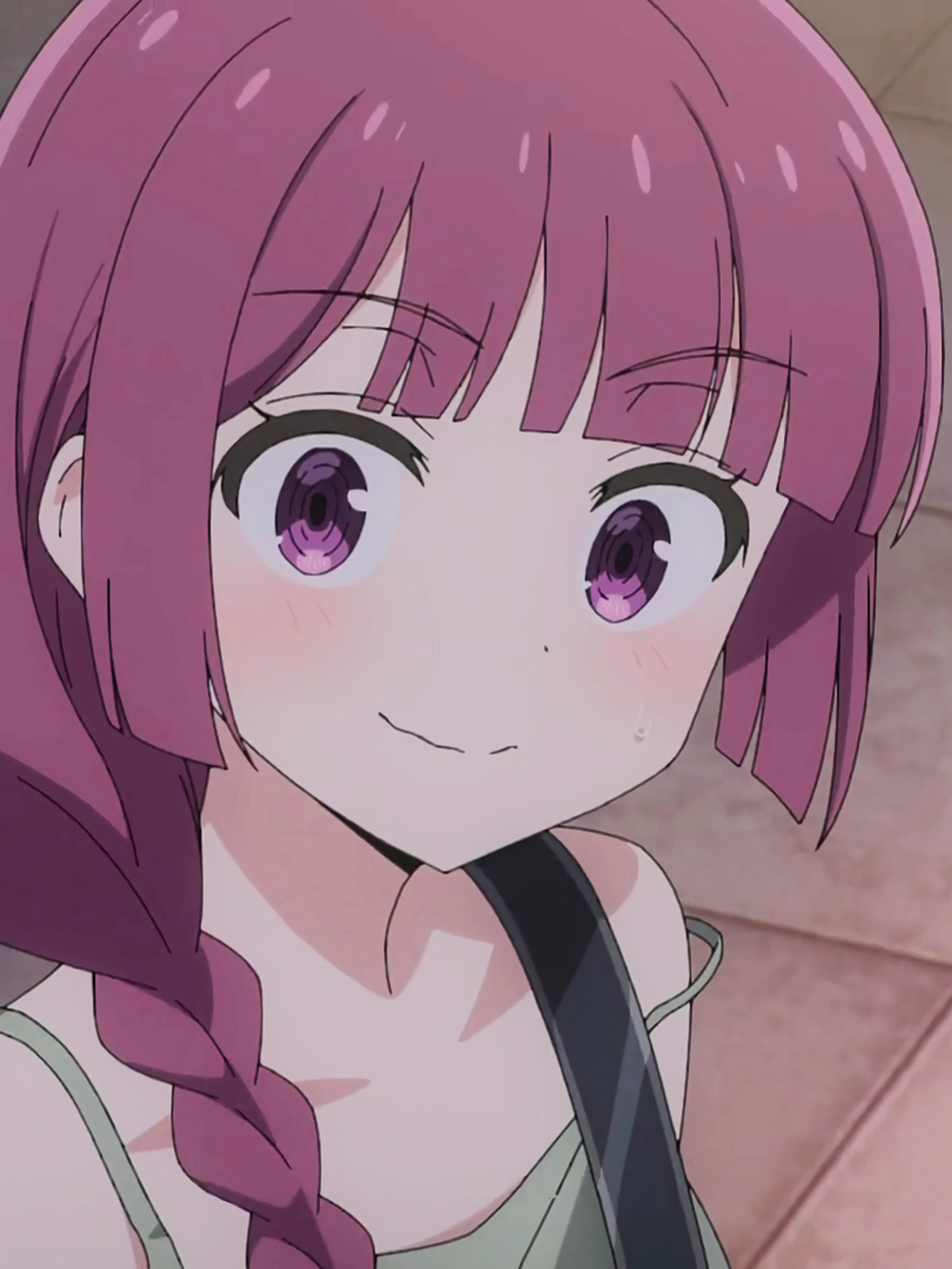 An anime-style character with long, dark pink hair in braids, wearing a green dress with flower patterns, and a friendly expression.