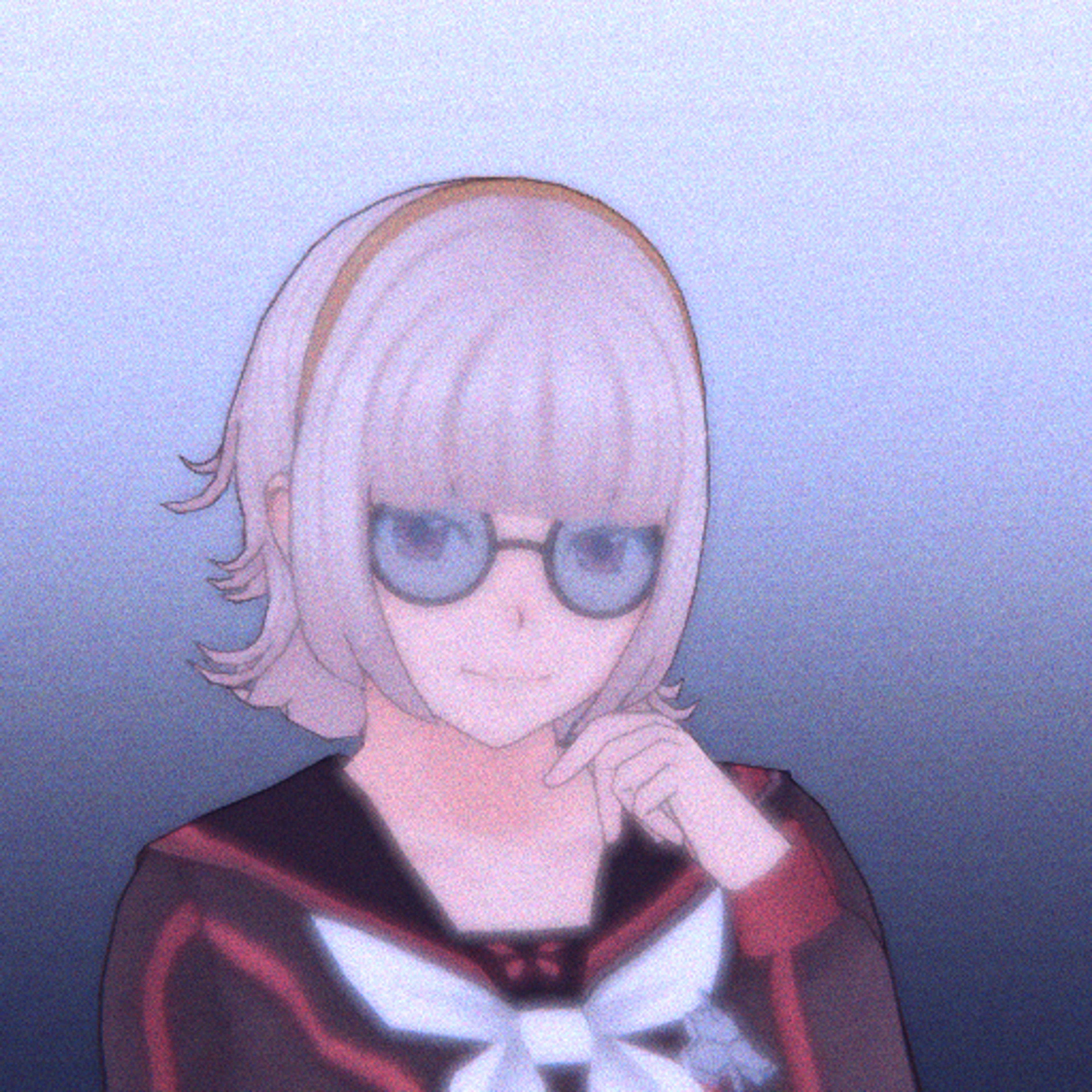 An anime-style character with short, light-colored hair and glasses wearing a red and black uniform with a bow tie.