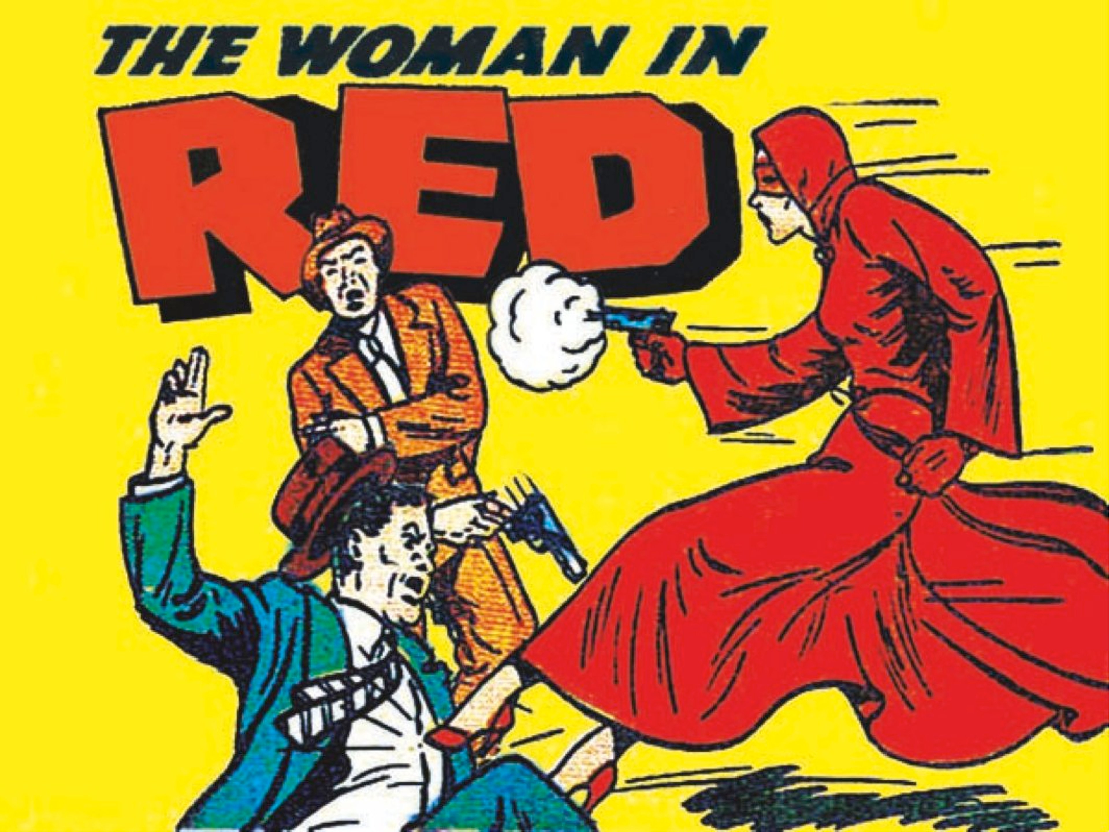 A woman in a red coat and mask striking a heroic pose