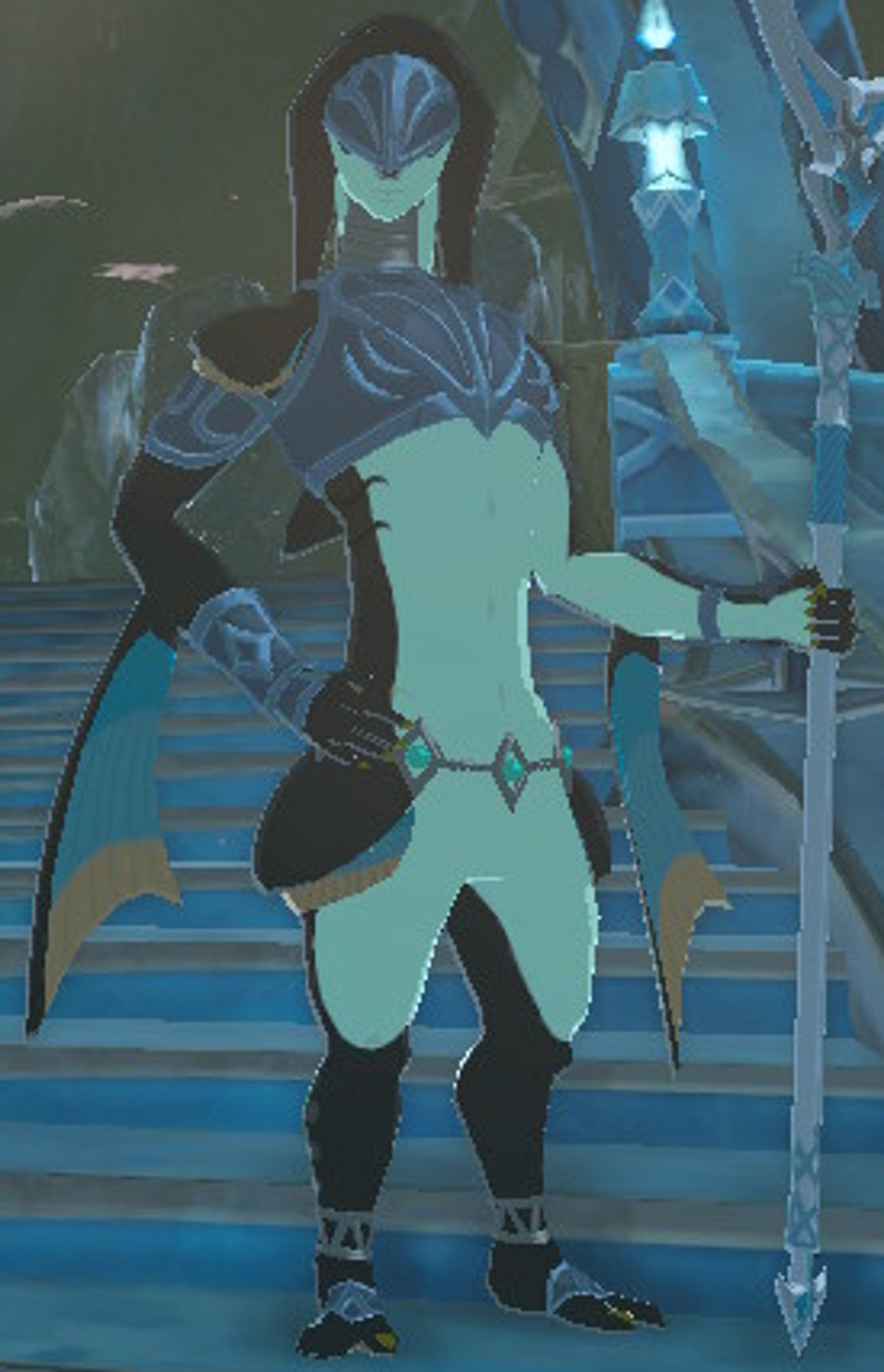 A Zora warrior named Bazz standing in an underwater environment, holding a sword.