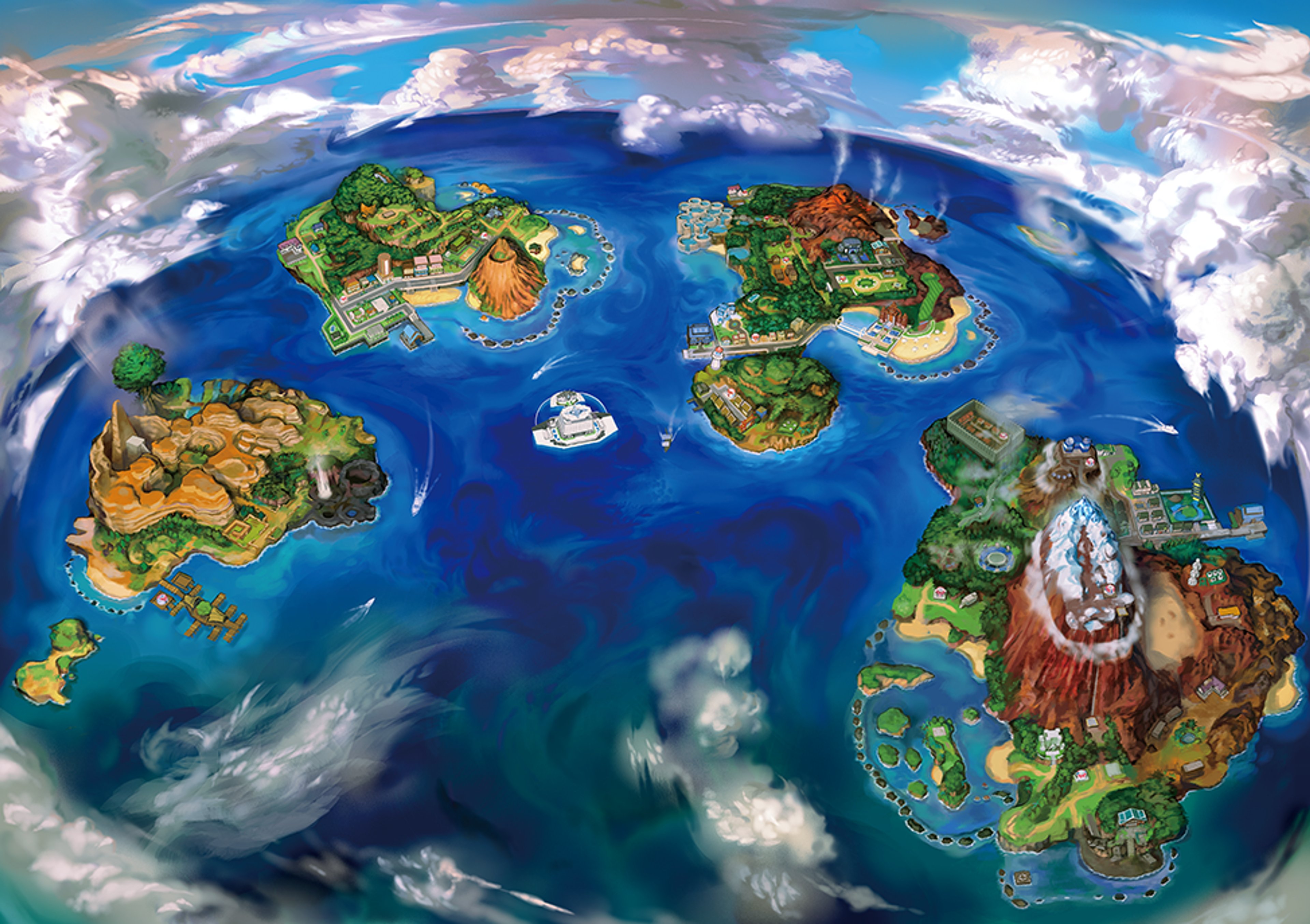 A detailed, fantastical world map with various islands, landmasses, and bodies of water in a vibrant, cartoonish art style.