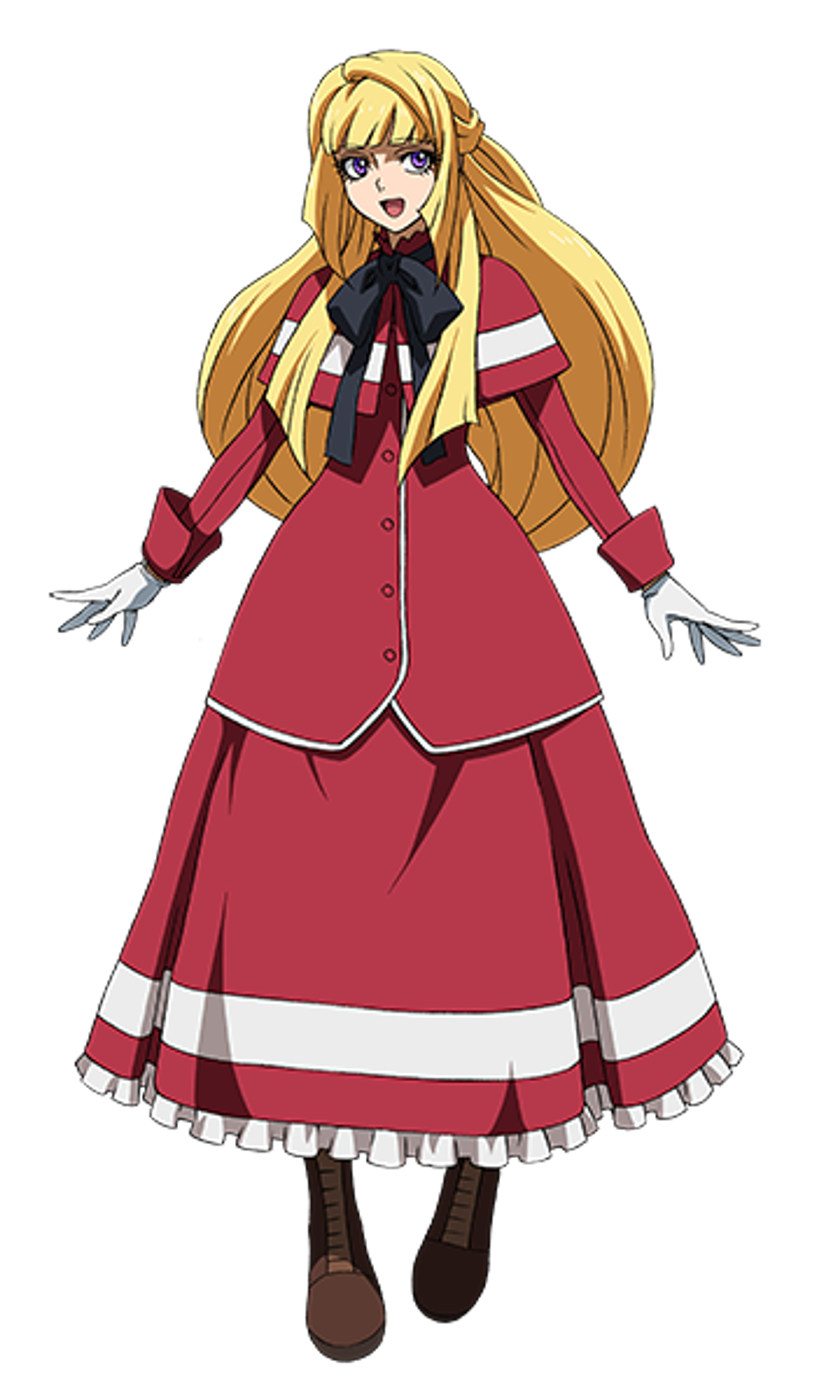 A young woman in a red dress with a determined expression on her face