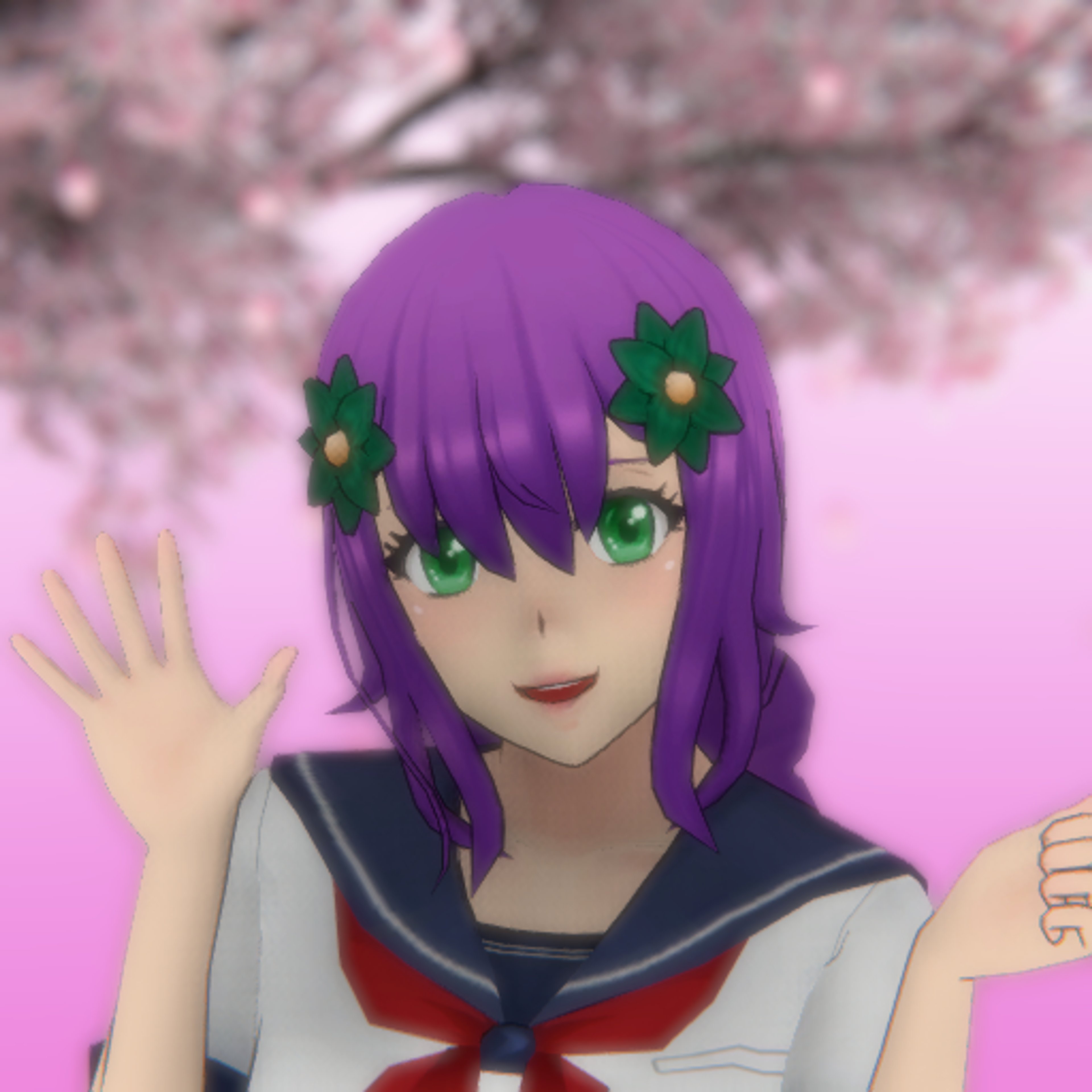 An anime-style character with violet hair, green eyes, and a school uniform holding a watering can