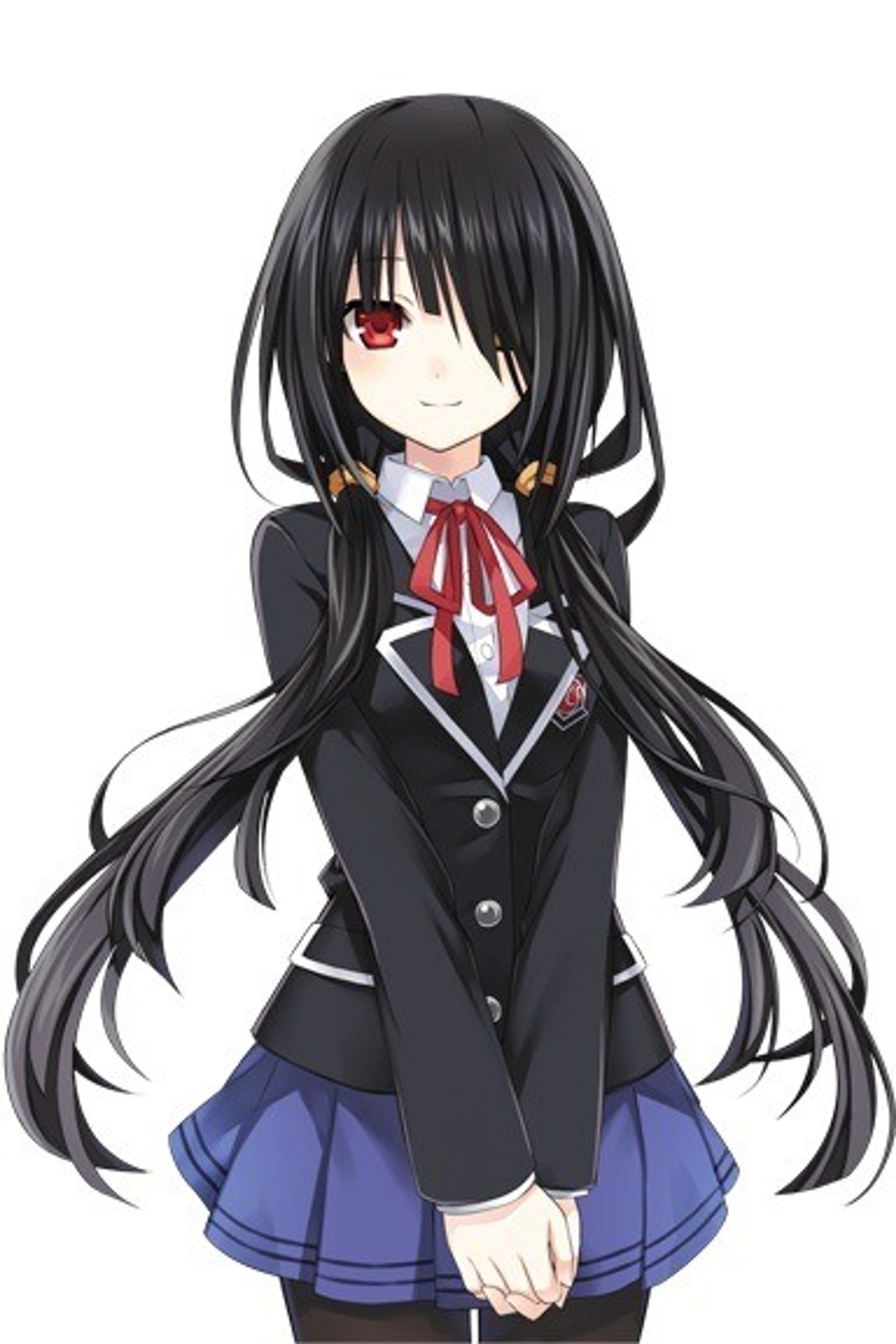 An anime-style character with long black hair in twin tails, wearing a black uniform with a red bow tie and an eyepatch over one eye.