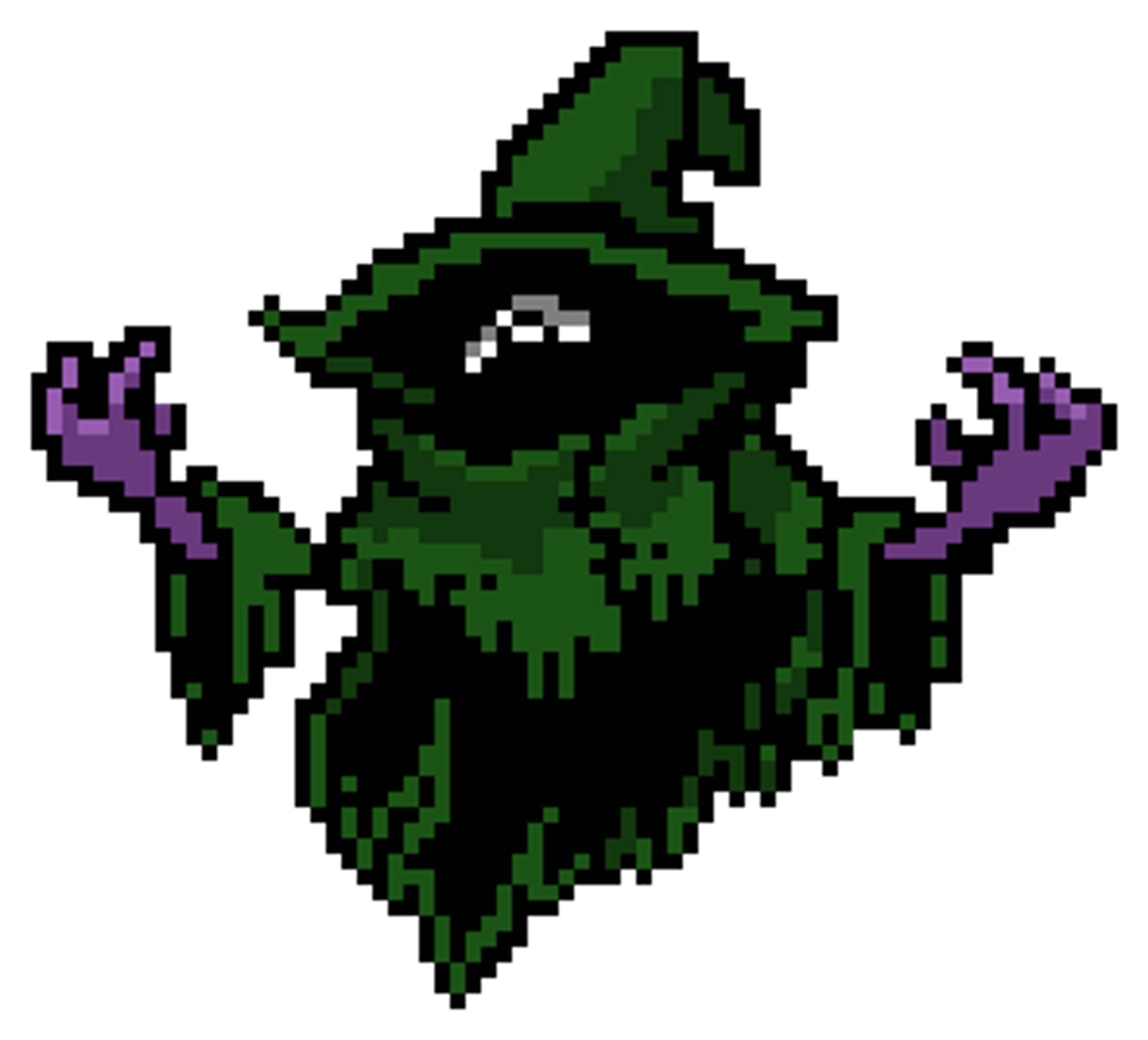 A detailed pixel art character of a mysterious, floating green wizard-like entity with a single eye and two purple hands.