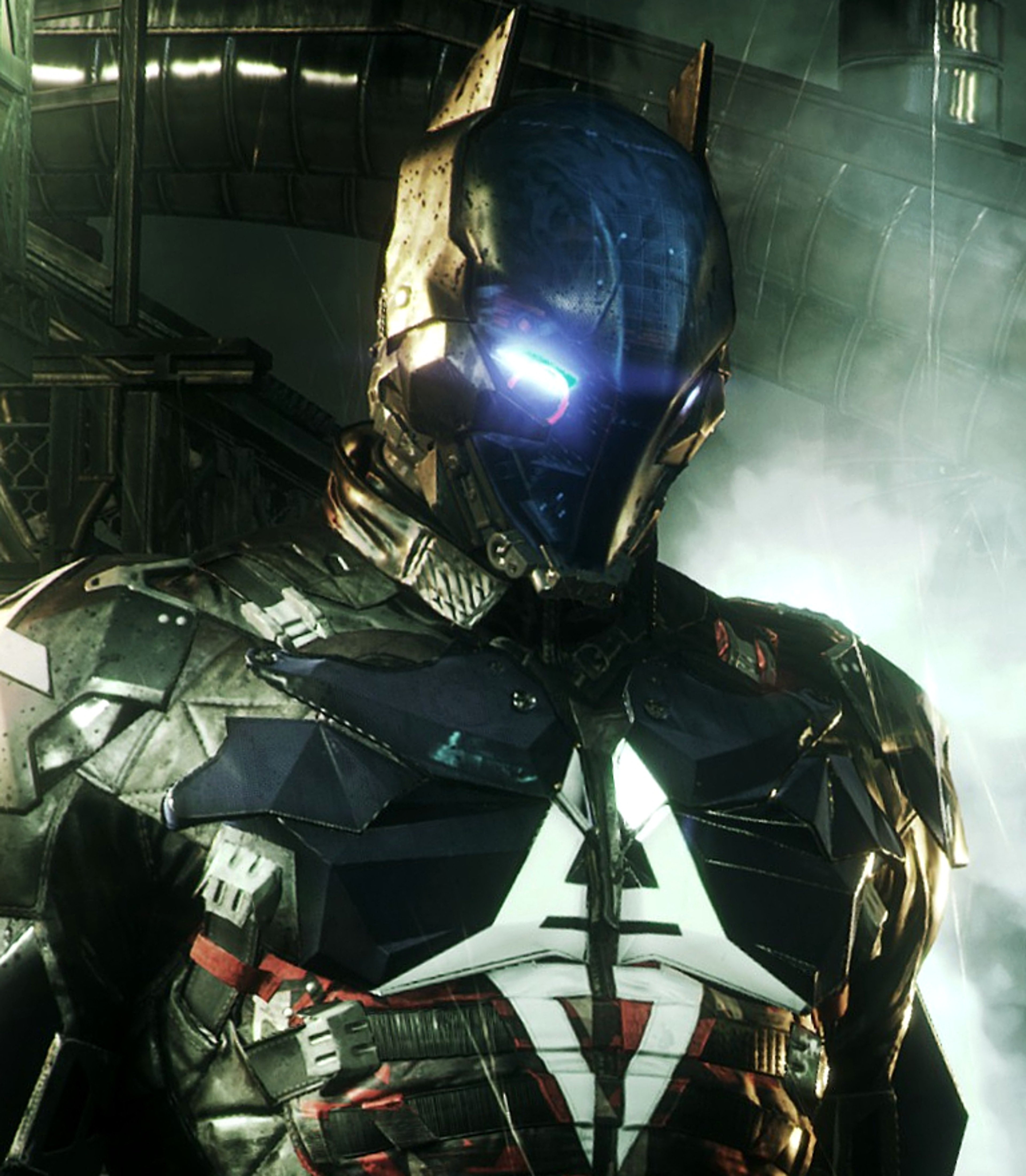 A heavily armored and masked figure in a dark, industrial setting