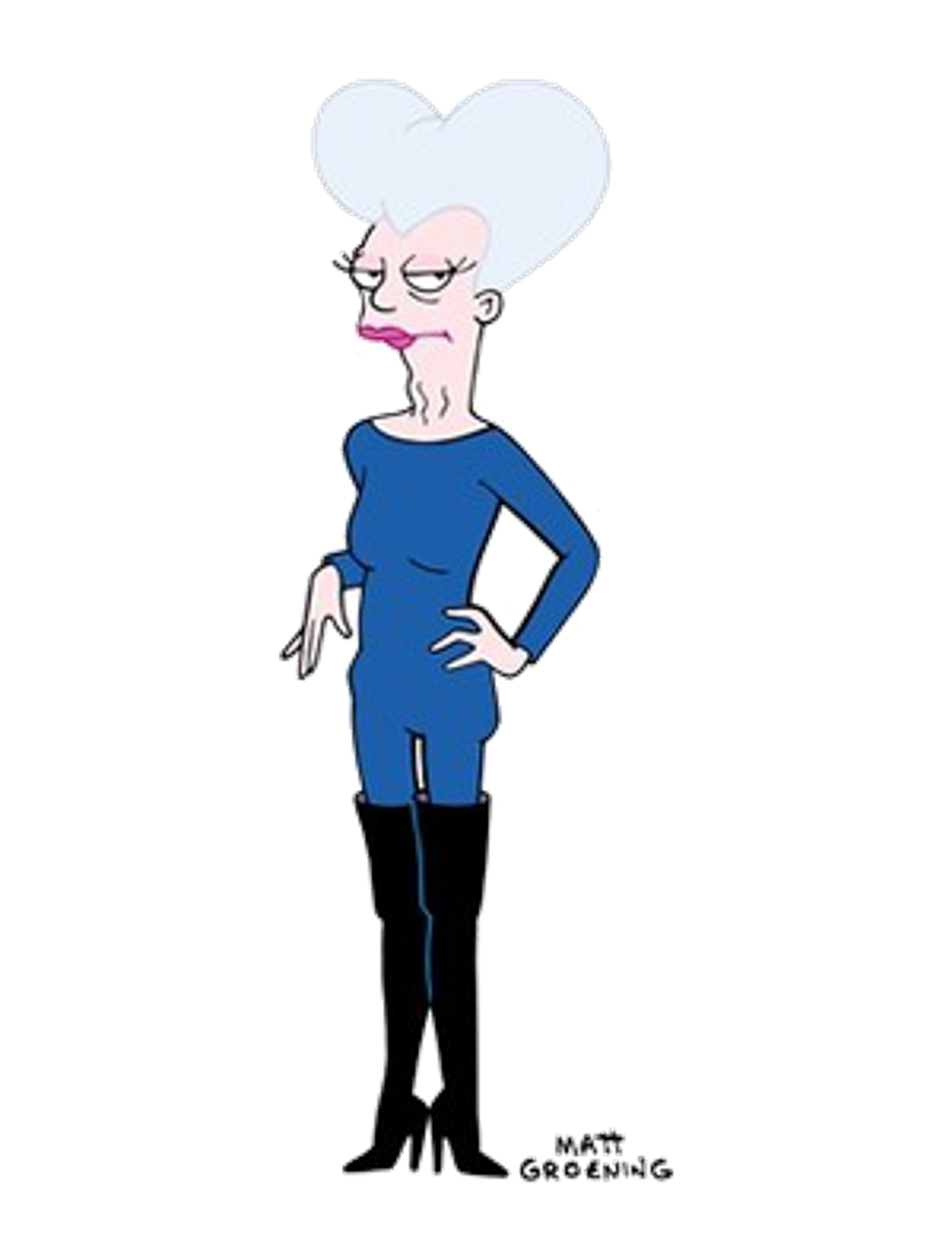 A cartoon character of an older woman with a heart-shaped hairdo and a stern expression