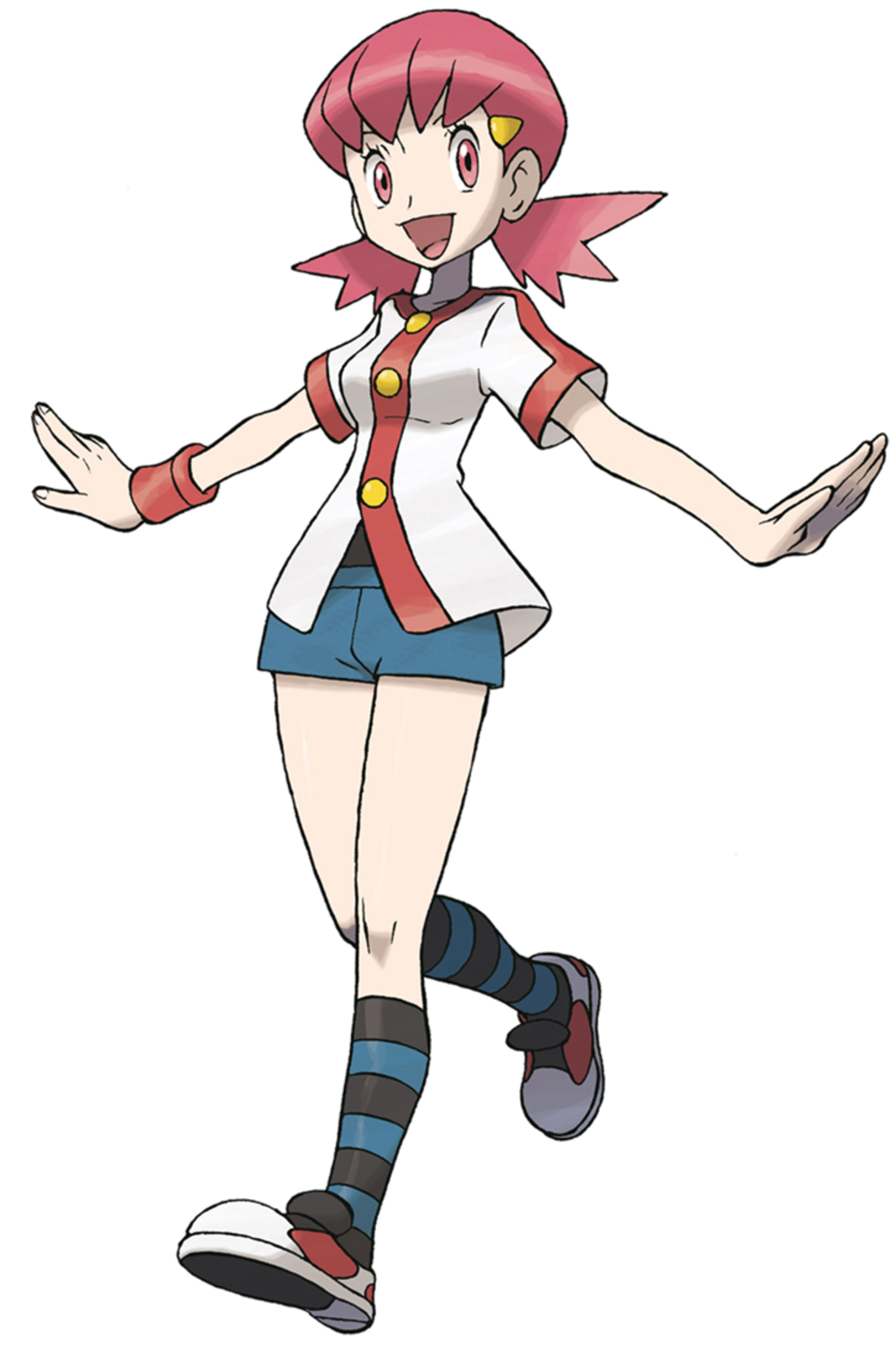 An anime-style character with pink hair in pigtails, wearing a white shirt, blue shorts, and red shoes, posing with arms outstretched.