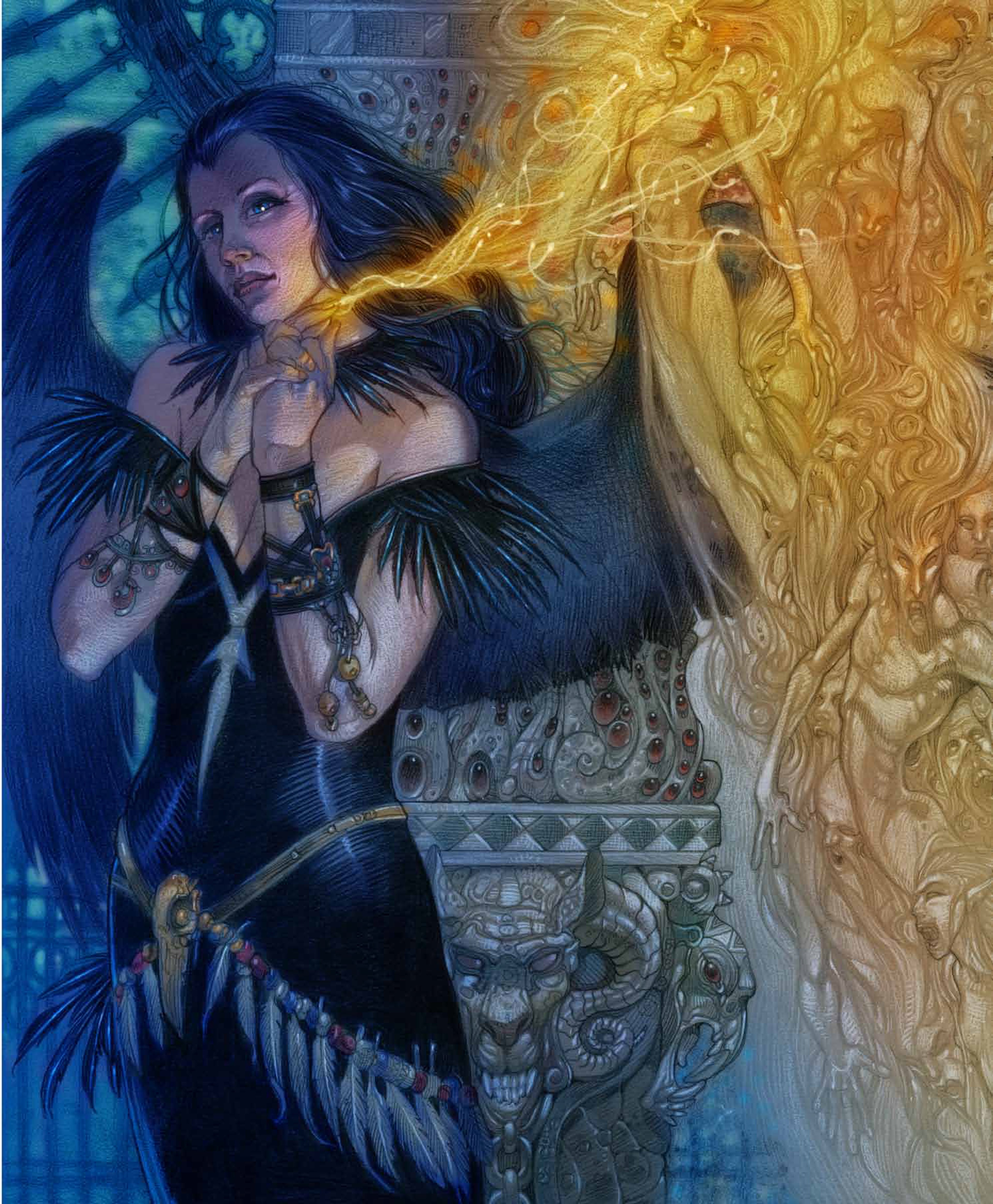A female character with dark hair and a feathered cloak, set against a mystical, otherworldly background.