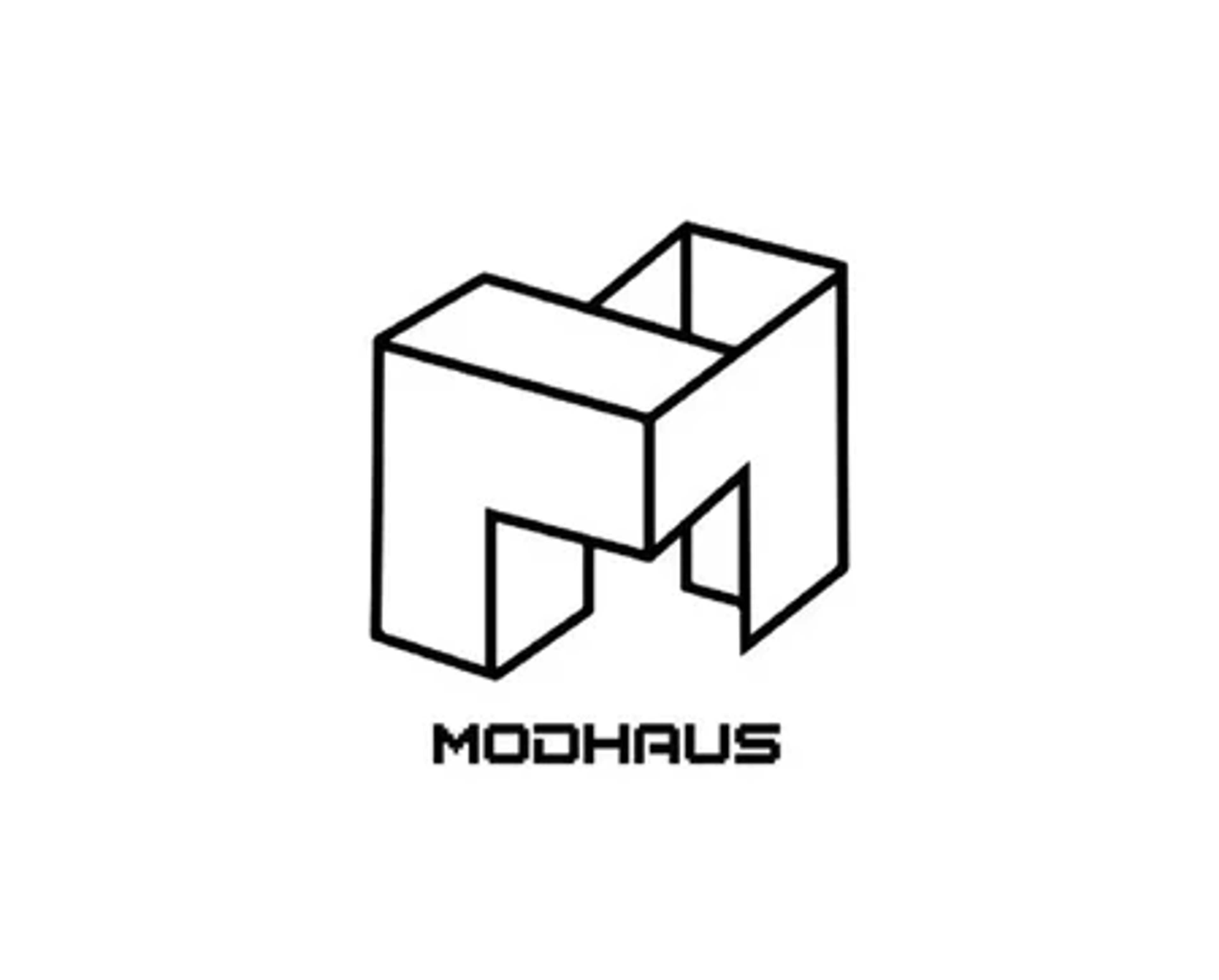 A black and white logo for the entertainment company MODHAUS, featuring a geometric shape and the company name.
