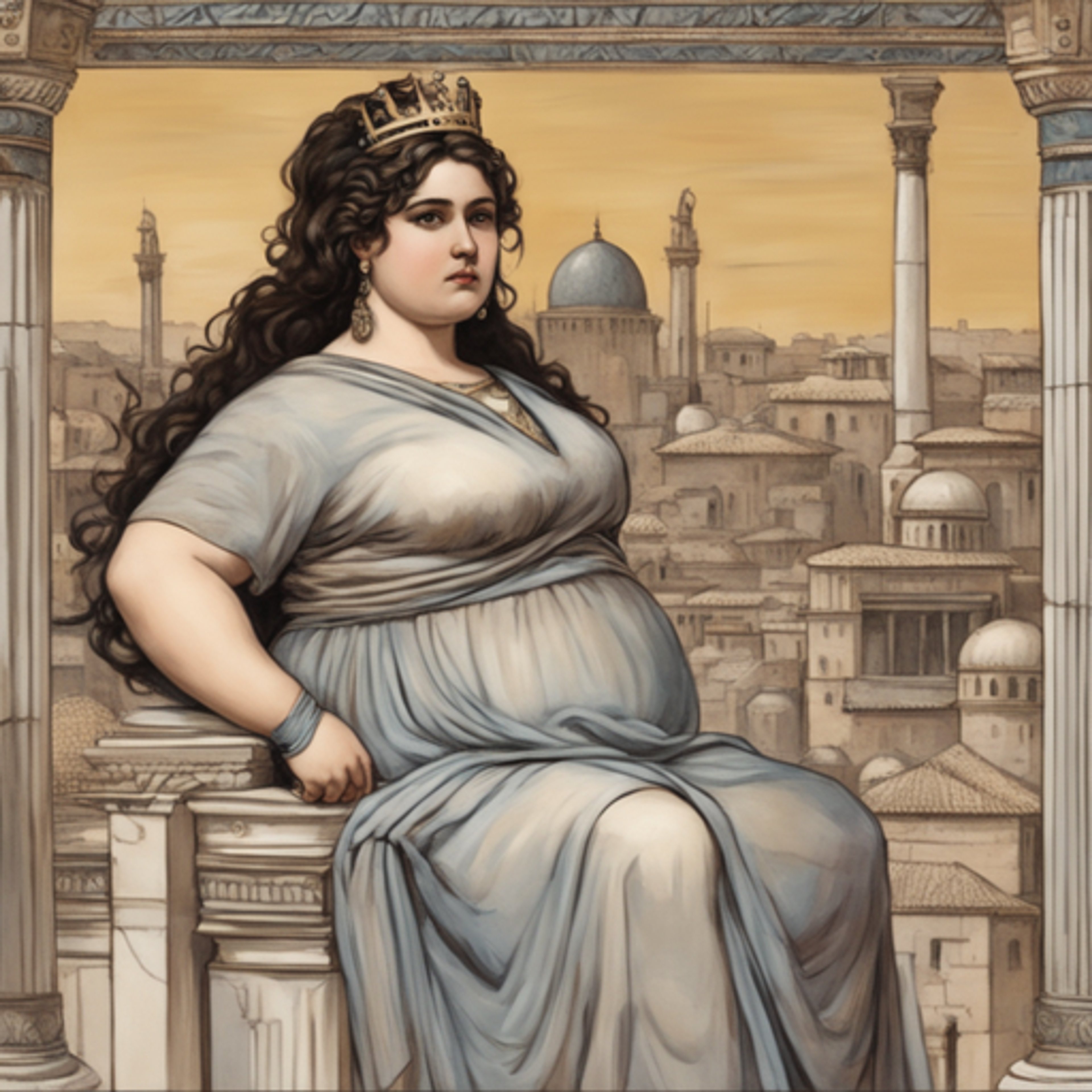 A large, curvaceous woman with long, dark curly hair wearing a flowing gray dress, seated on an ornate throne-like chair in an ancient or classical setting.