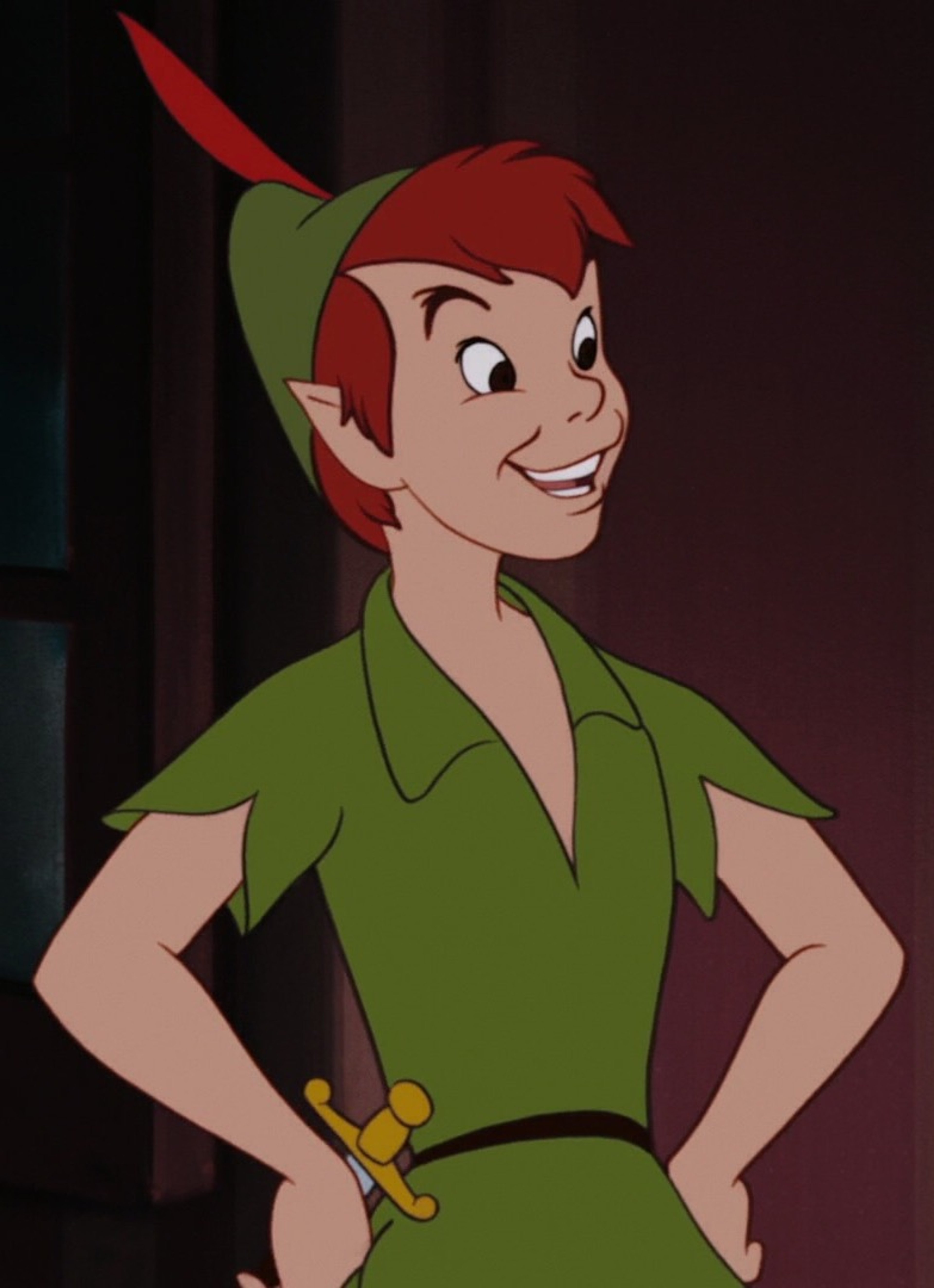 An animated character of a young boy in a green outfit, identified as Peter Pan.
