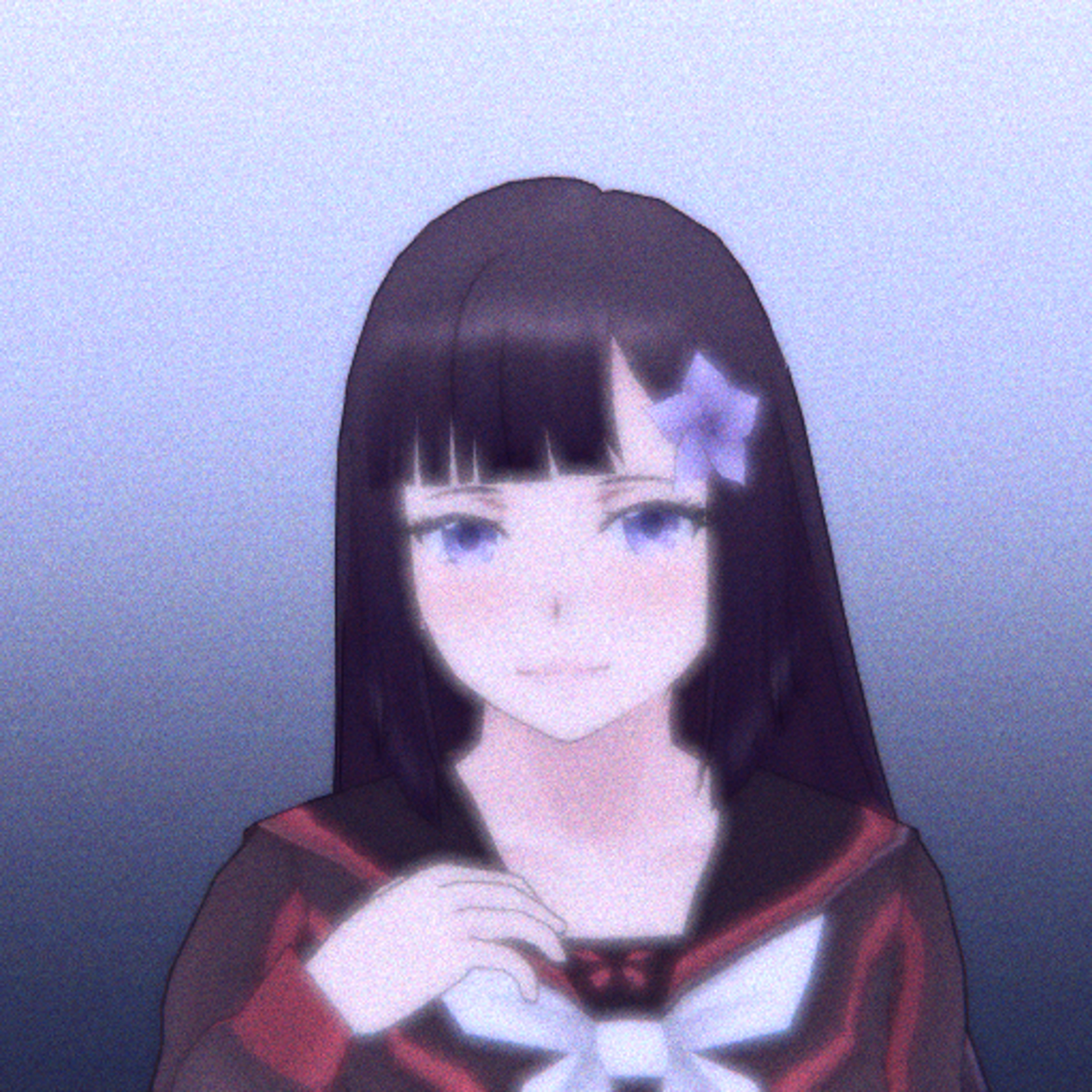 An anime-style character with long dark hair, large eyes, and a gentle expression, wearing a traditional Japanese school uniform.