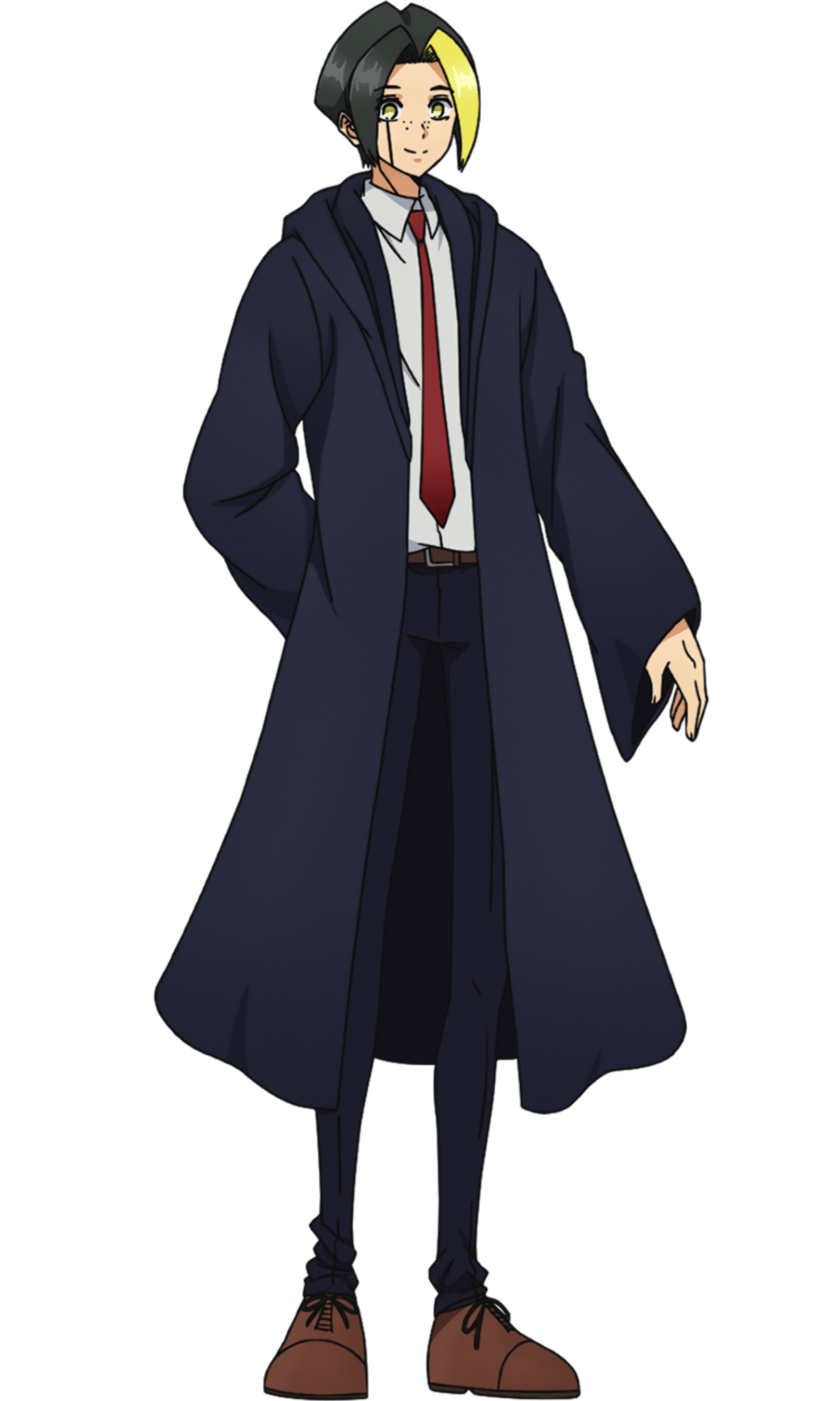 A young male character with black and yellow hair wearing a dark coat or cloak