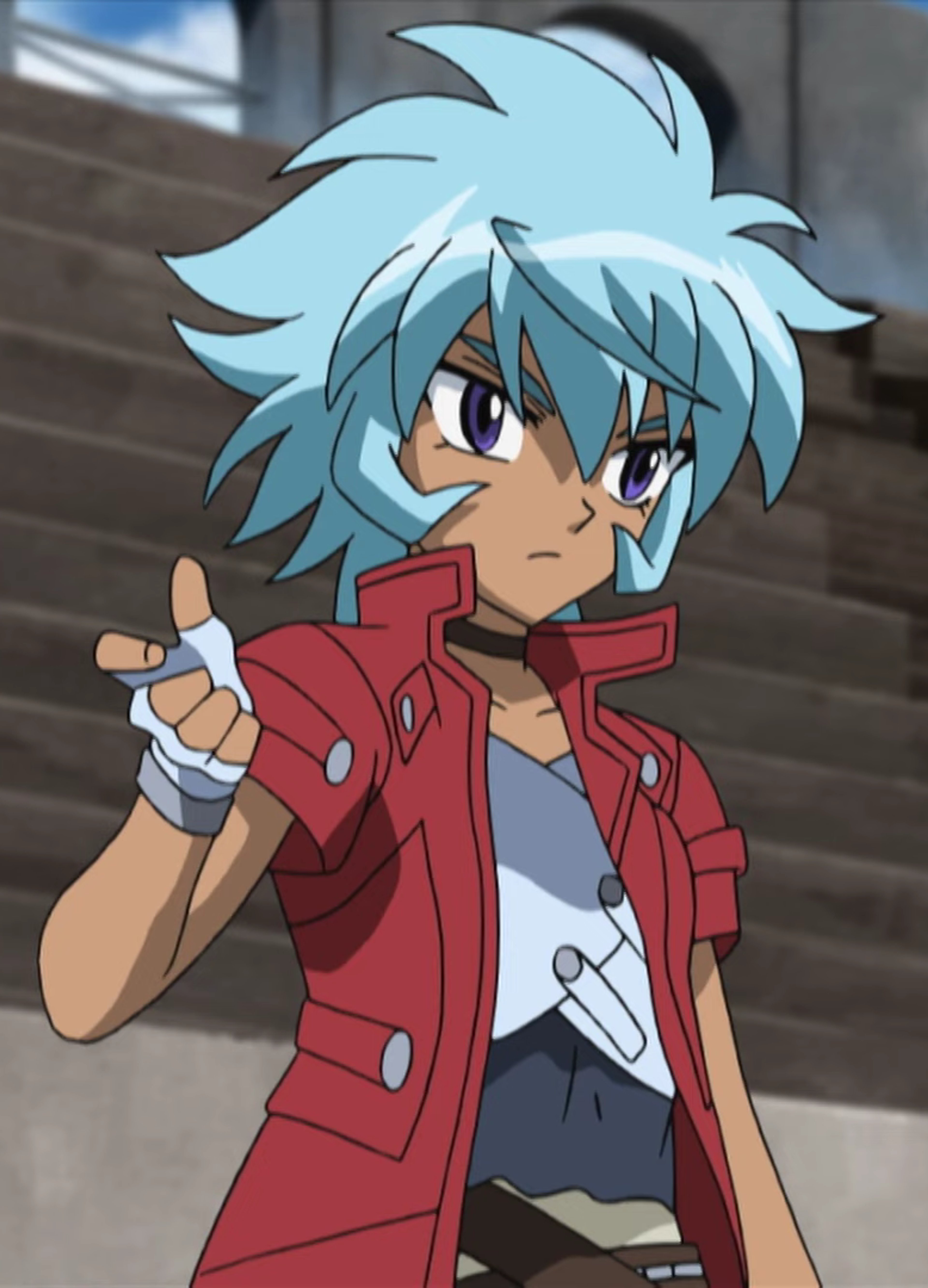 An anime-style character with blue hair wearing a red jacket