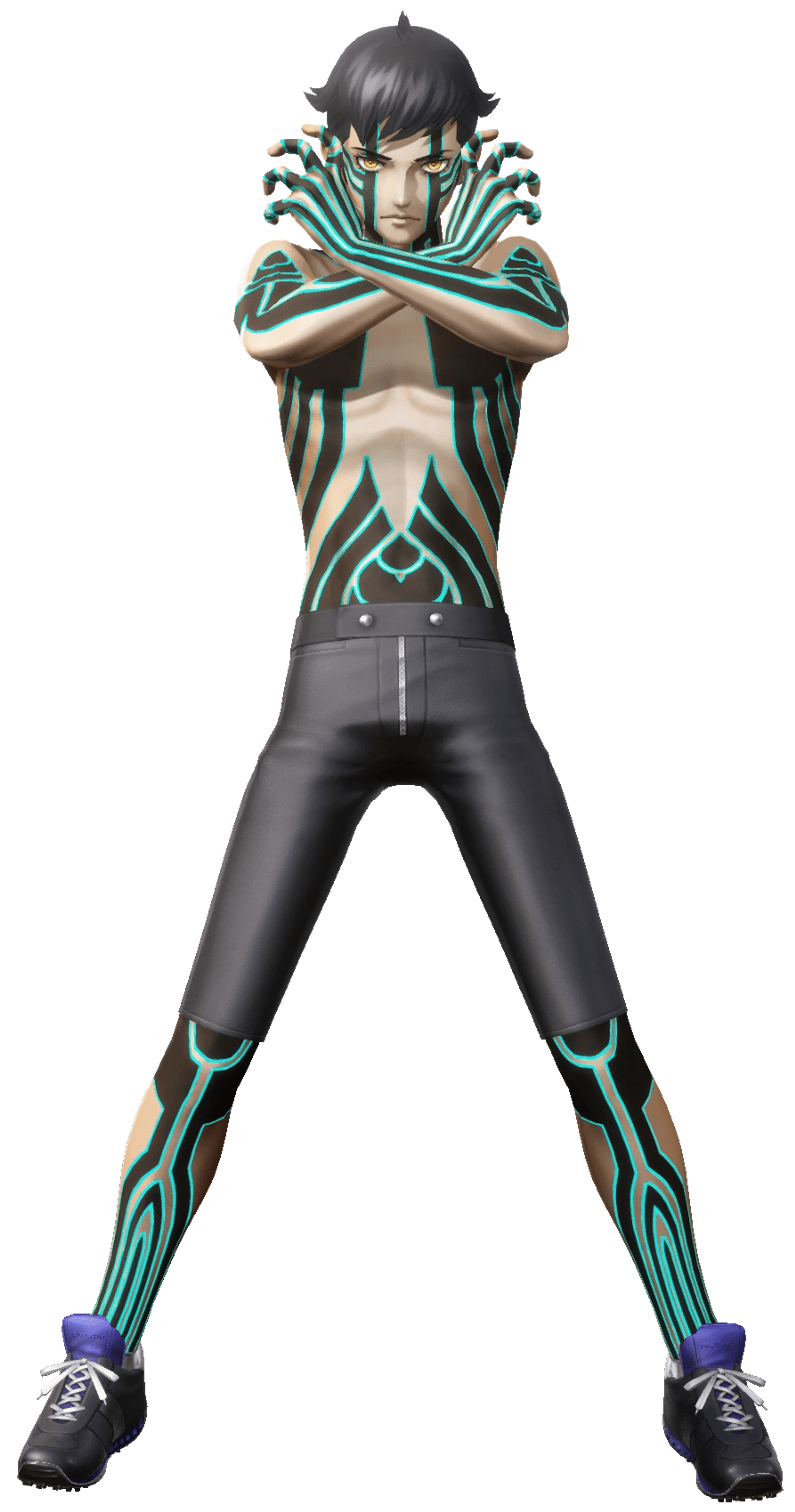 A transformative character with blue glowing tattoos