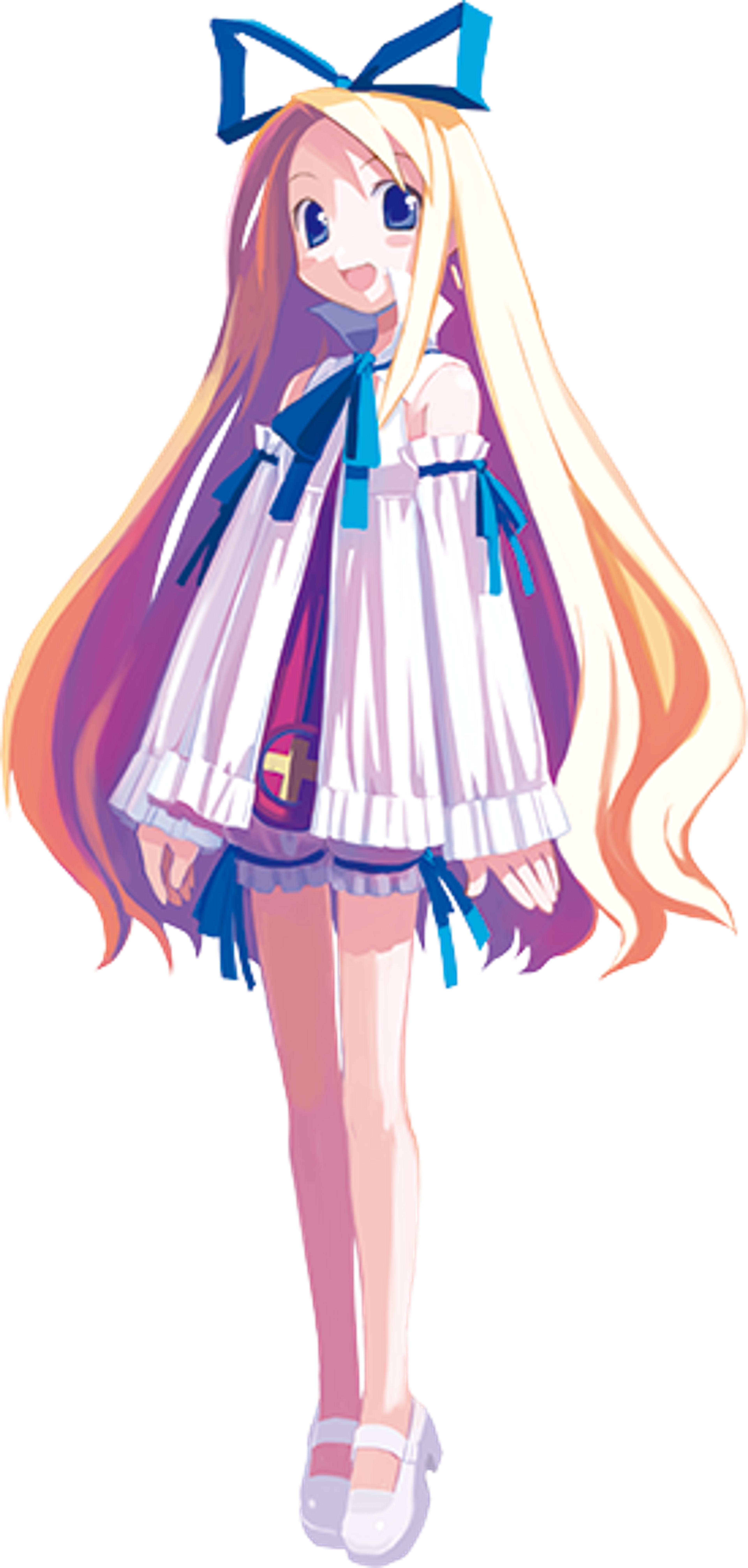 An anime-style character with long pink hair and a white dress with blue accents