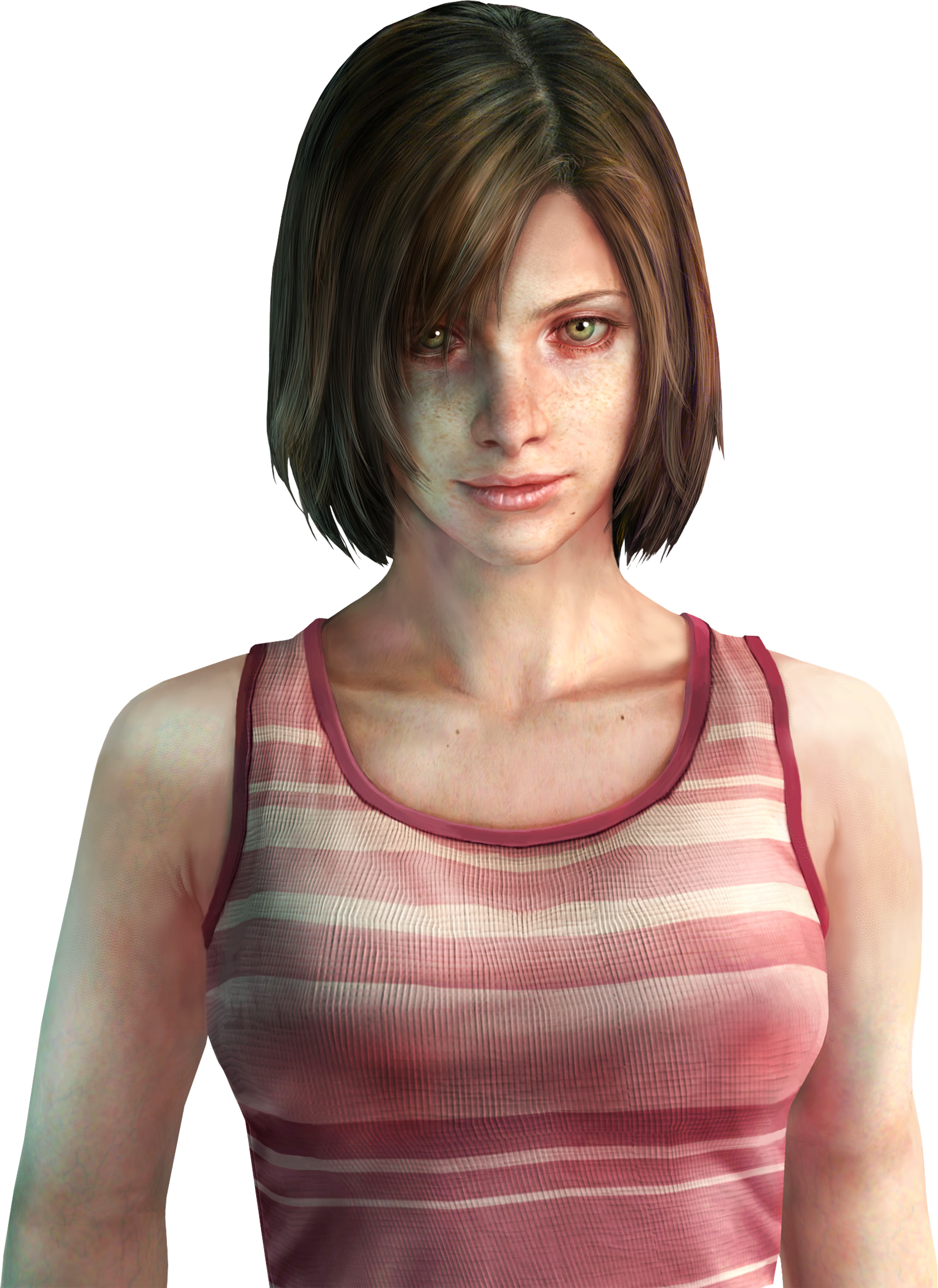 A young woman with short dark hair wearing a pink and white striped tank top