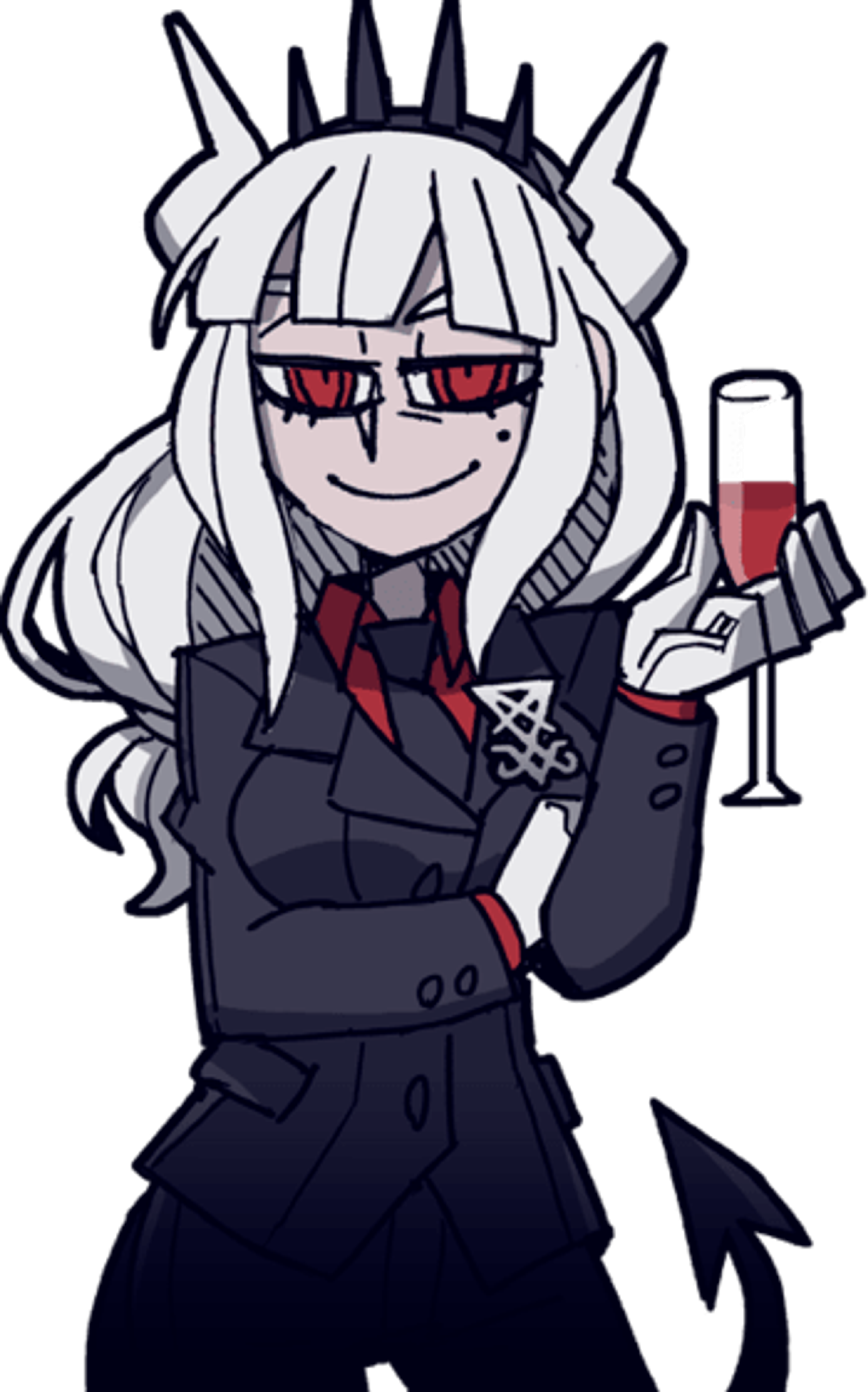 An anime-style character with long white hair, red eyes, and sharp teeth wearing a black suit with a red tie