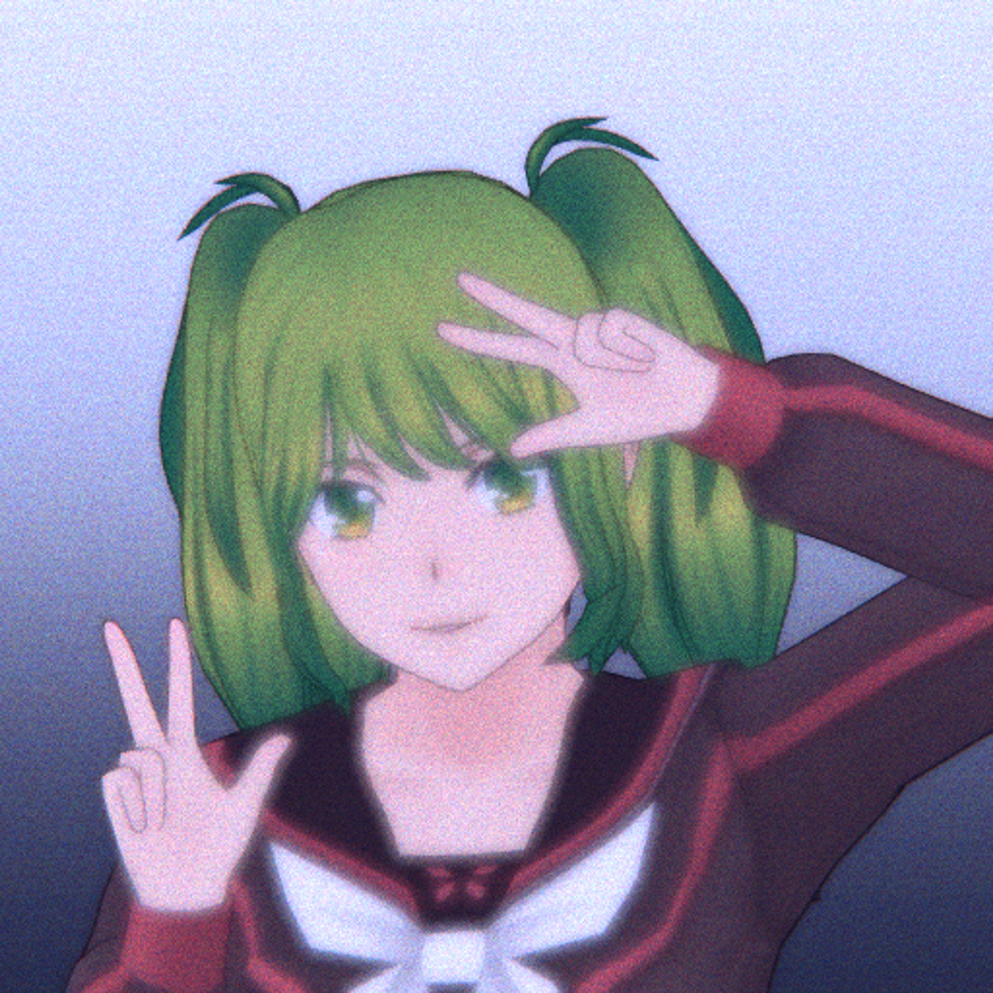 An anime-style character with green pigtails and a red school uniform making a peace sign gesture.