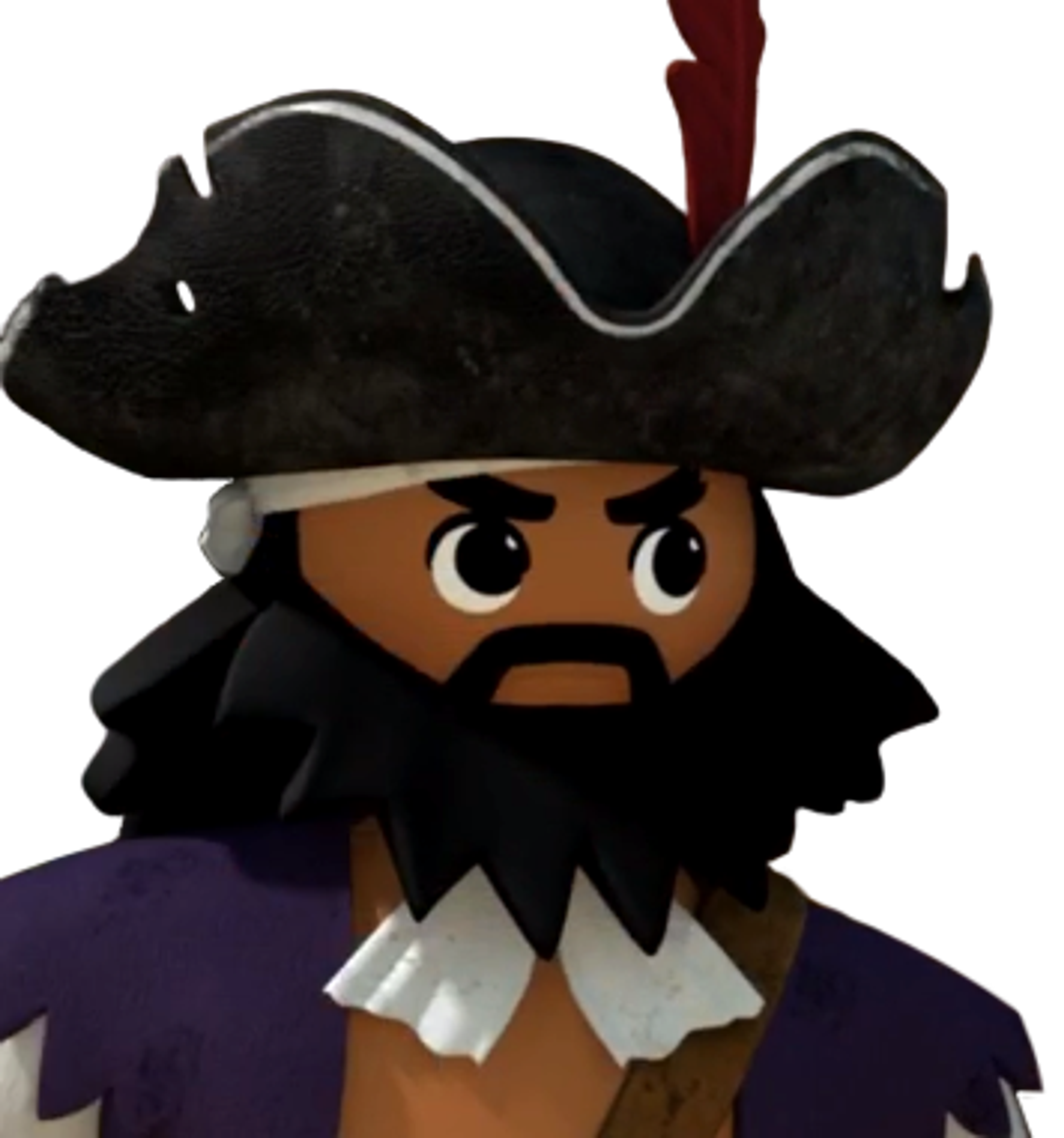 A 3D animated character of a middle-aged man in pirate attire with a friendly, compassionate expression
