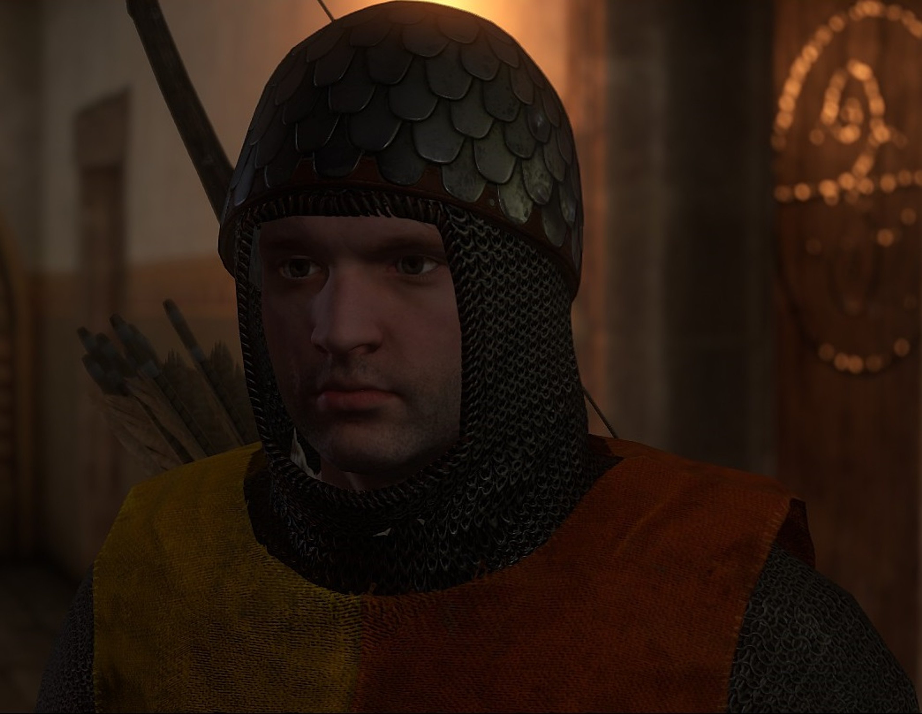 A medieval castle guard in armor and helmet