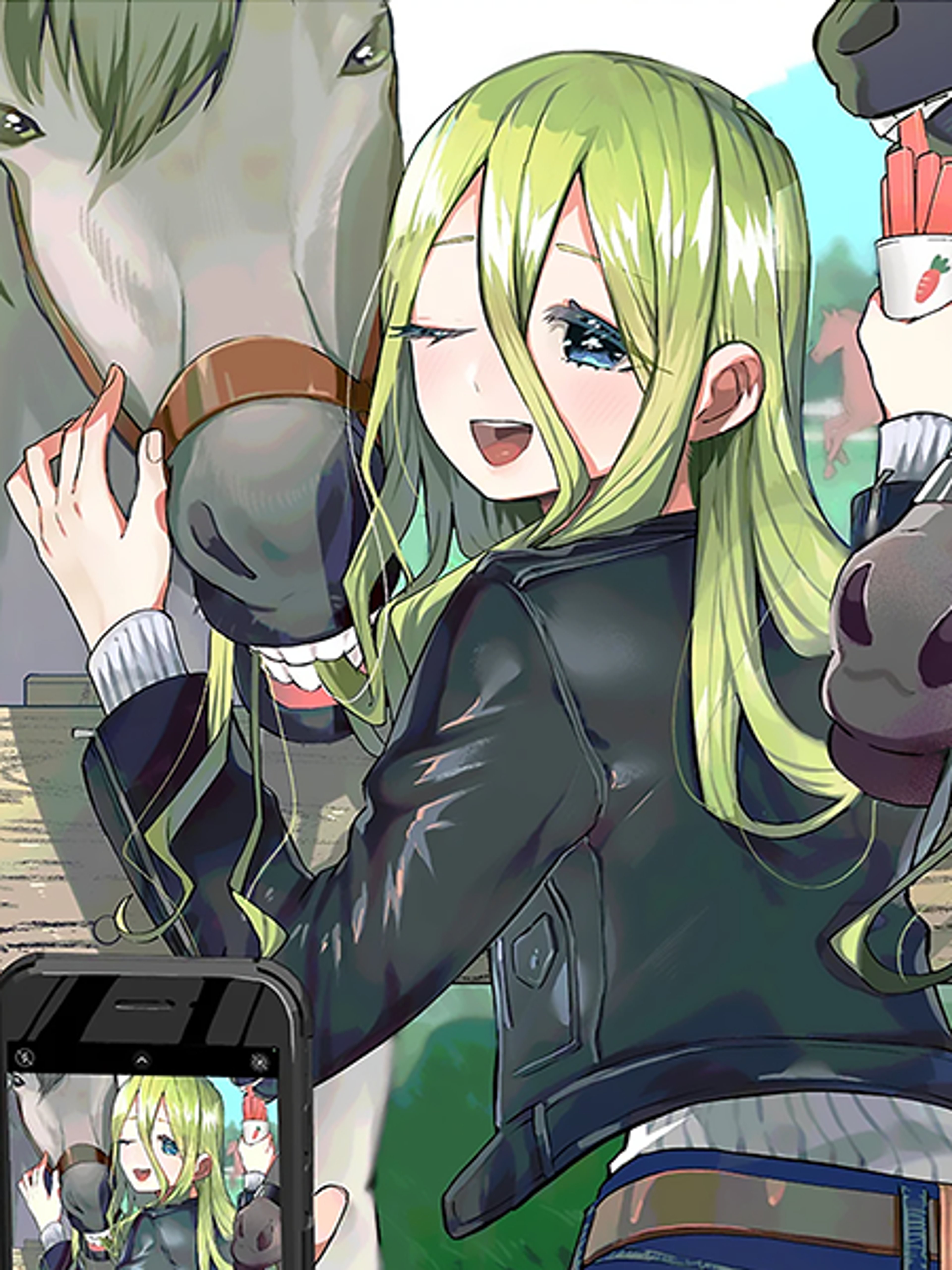 A young woman with green hair and turquoise eyes wearing a black jacket with a red collar, gesturing enthusiastically.