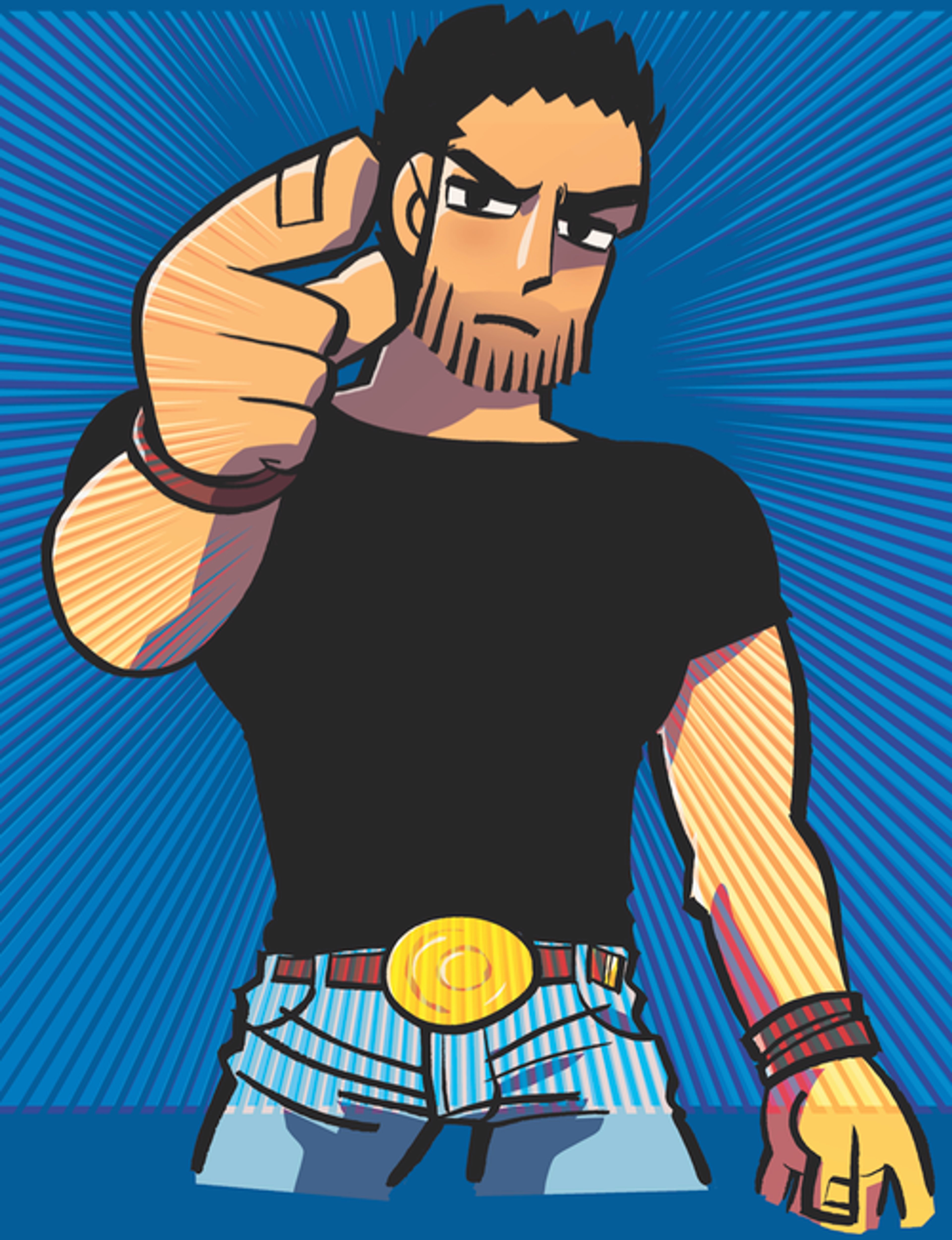 A muscular, bearded man in a fighting stance against a blue background