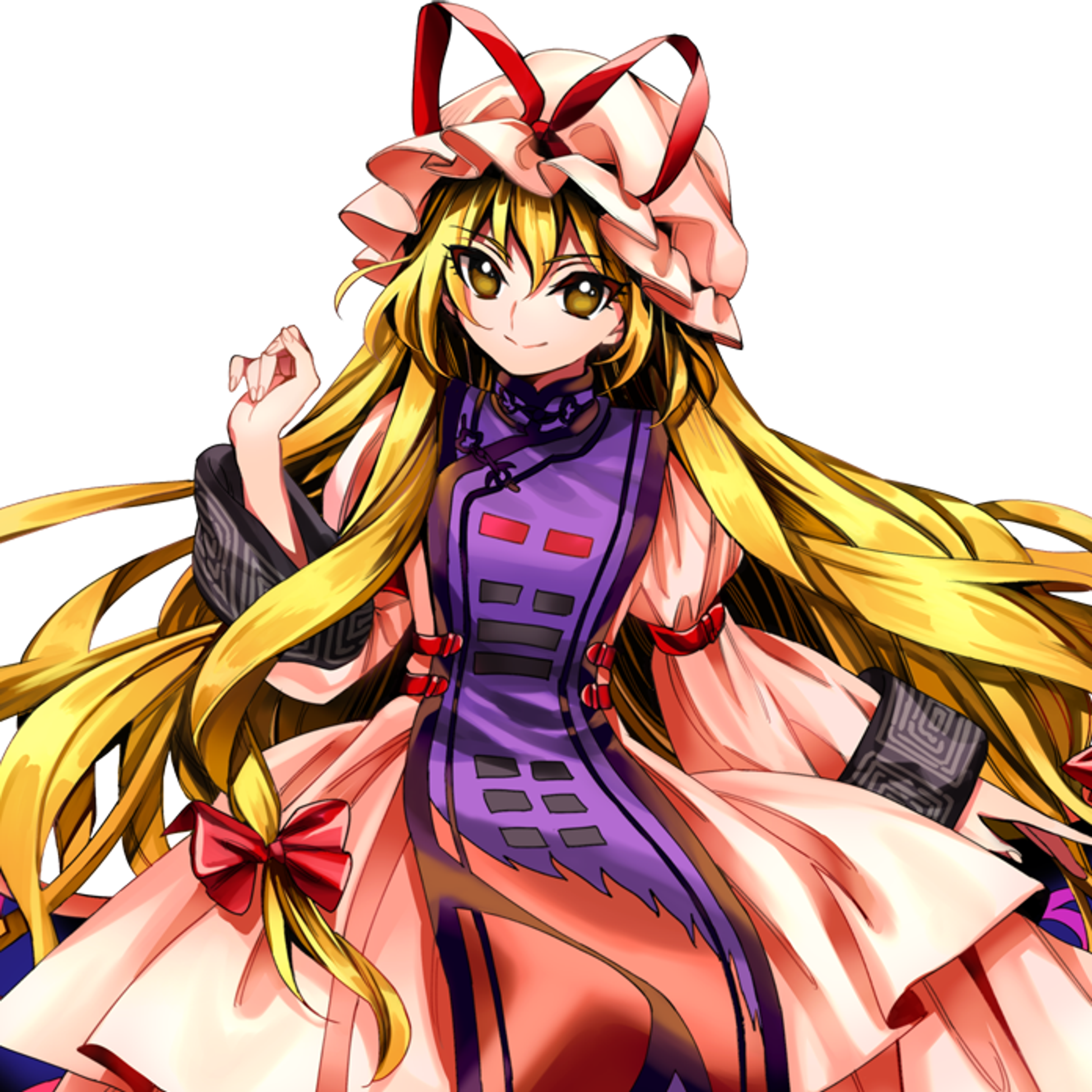 An anime-style character with long blonde hair, dark golden eyes, and an elegant pink and purple dress.