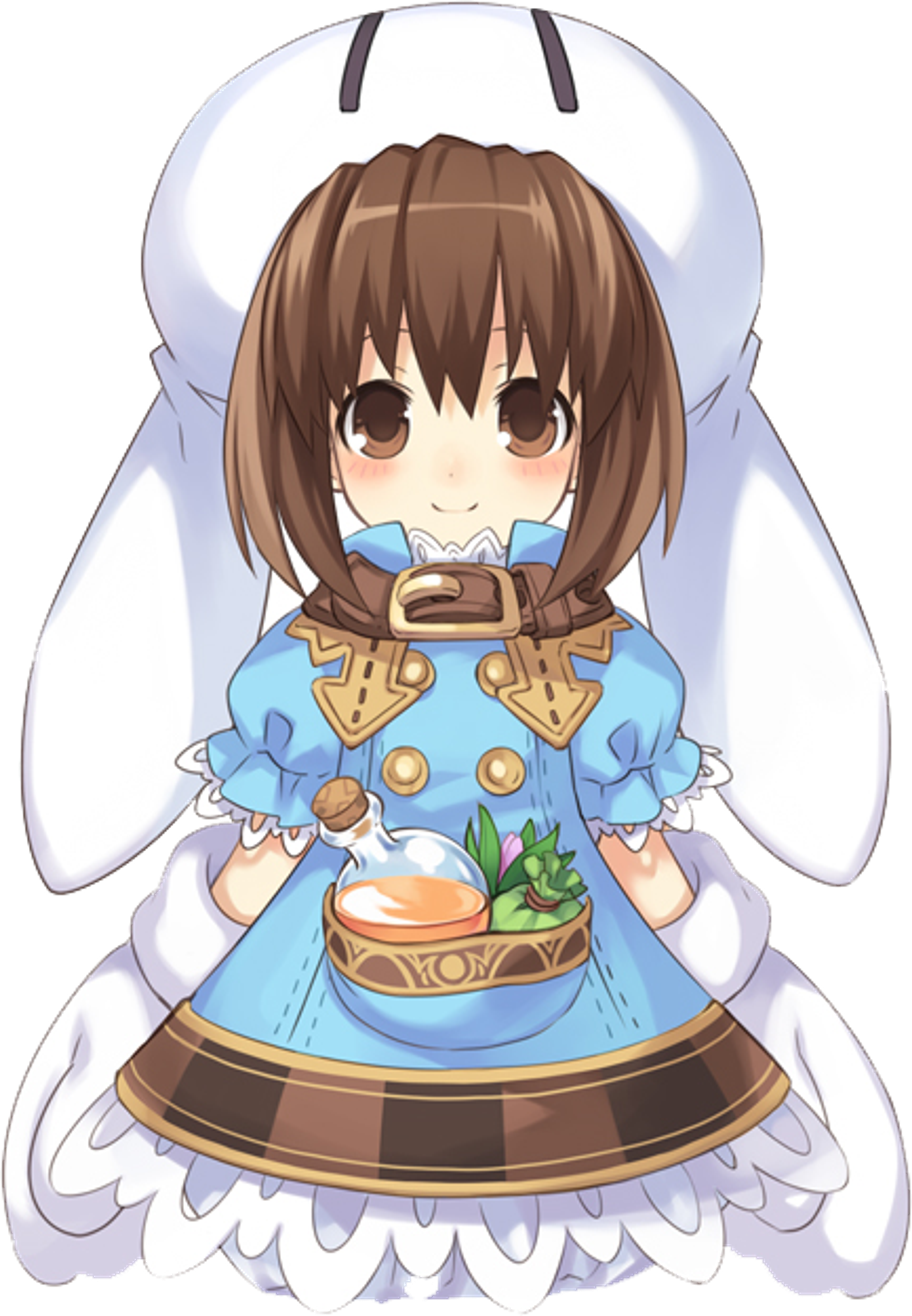 An anime-style character with large brown eyes, rosy cheeks, and a cute expression, wearing a blue dress with a white apron and having long brown hair tied into pigtails.